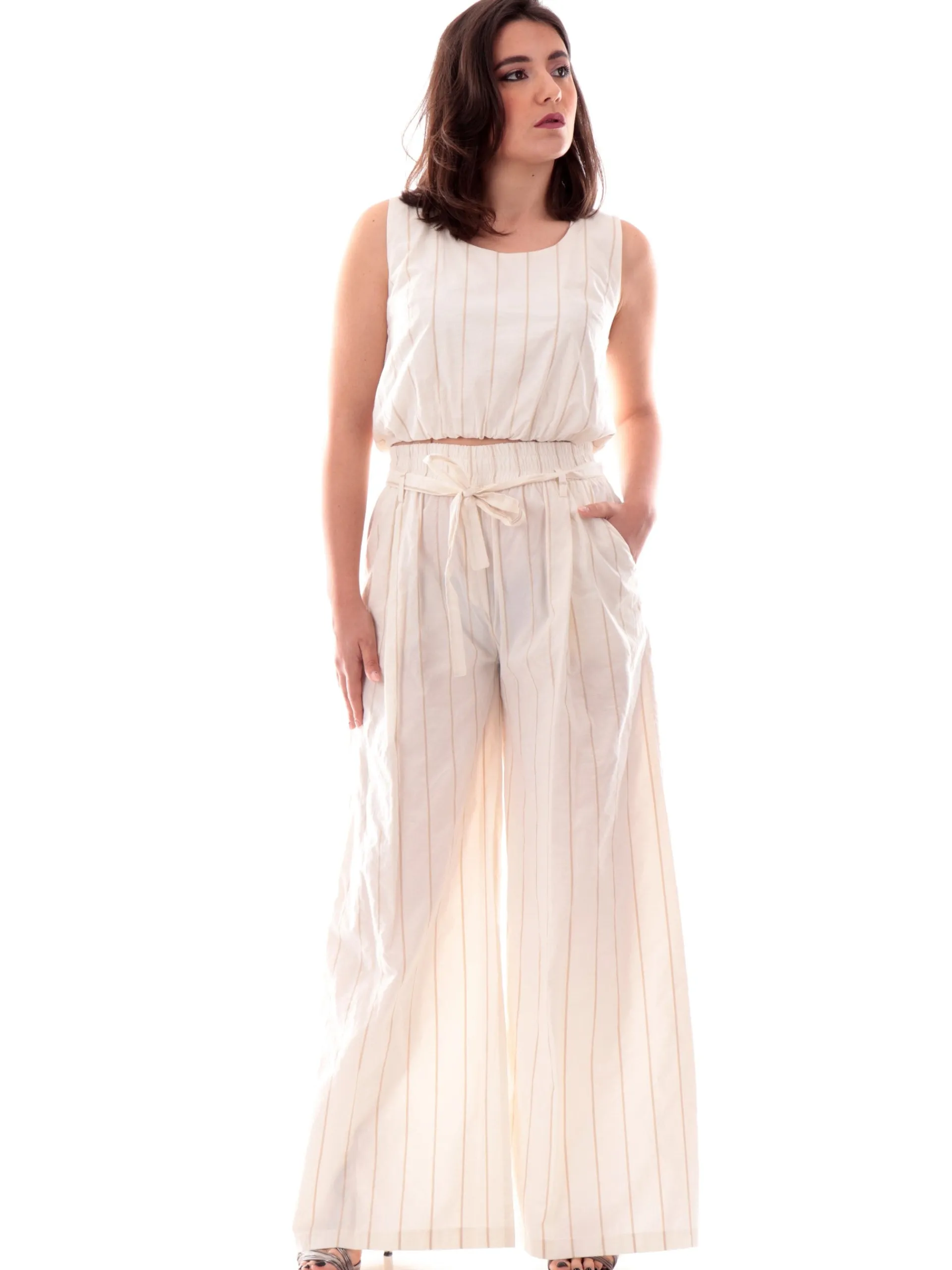 MANILA GRACE Pantaloni*Pantaloni palazzo bianchi righe lurex da donna vita alta P209CIMA
