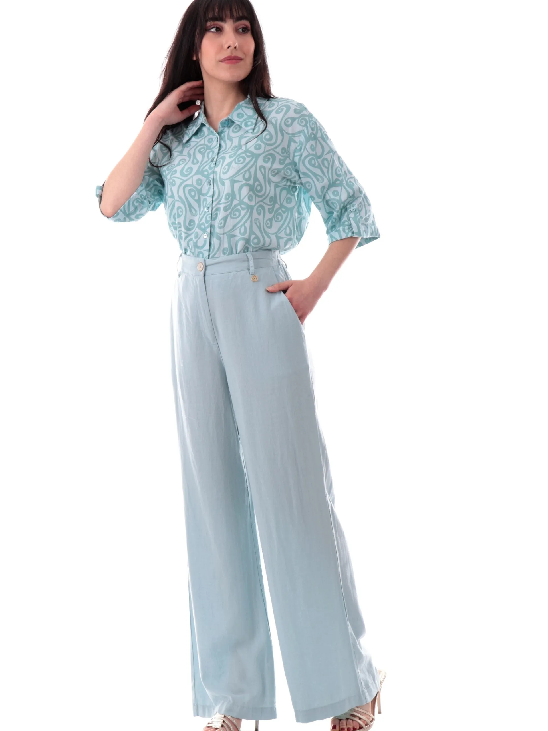 YES ZEE Pantaloni*Pantaloni palazzo lino celesti da donna vestibilità morbida P347V600