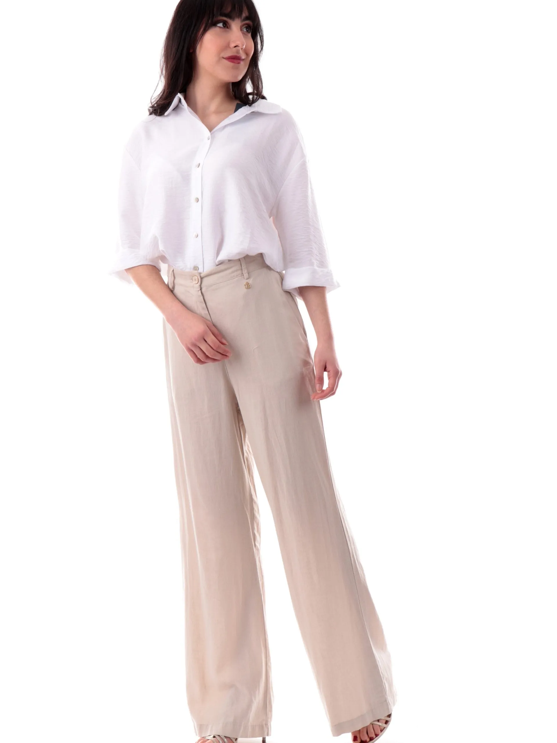 YES ZEE Pantaloni*Pantaloni palazzo lino beige da donna vestibilità morbida P347V600