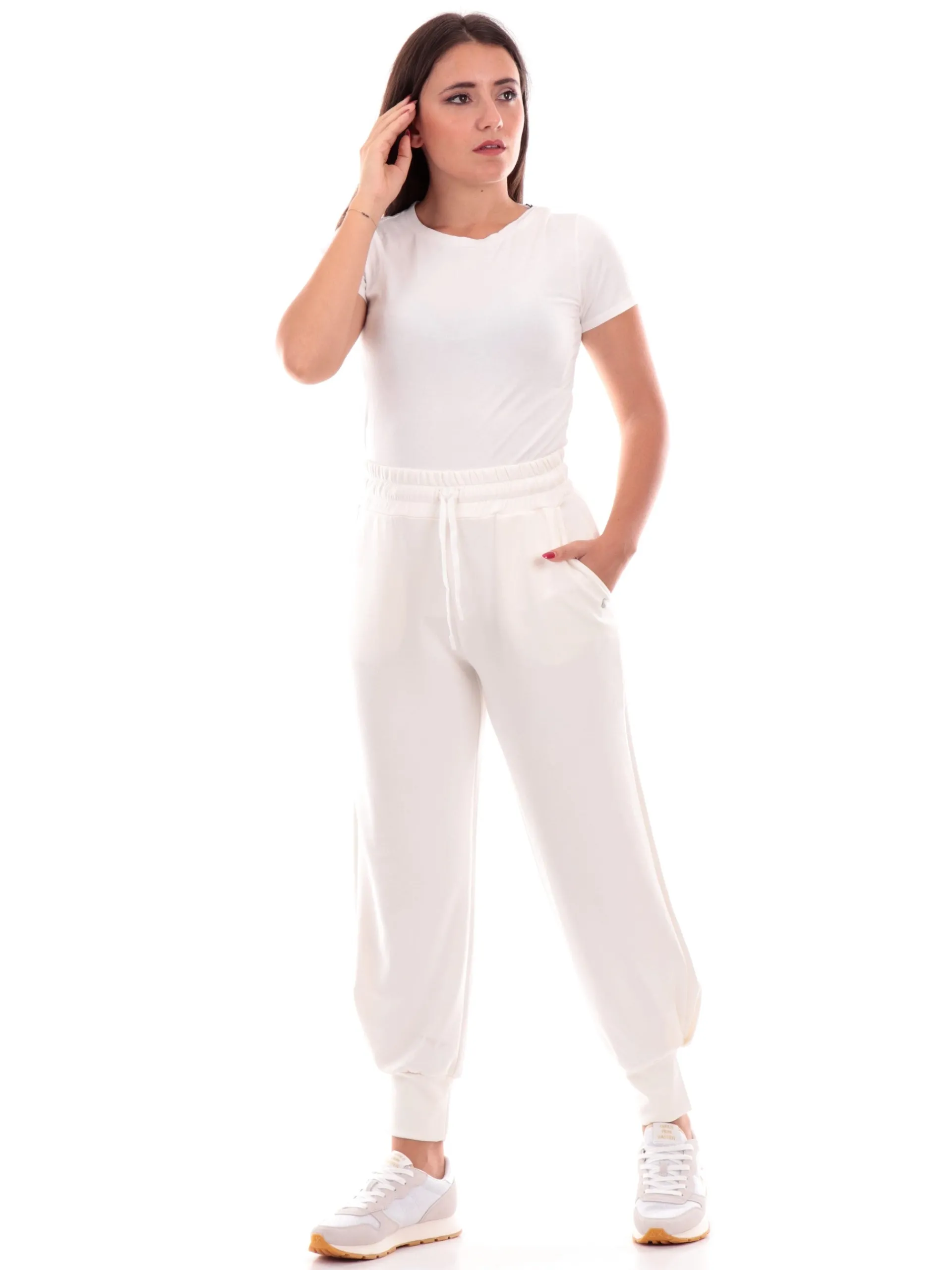 DEHA Pantaloni*Pantaloni Tuta bianchi da donna con polsini e tasche D12008
