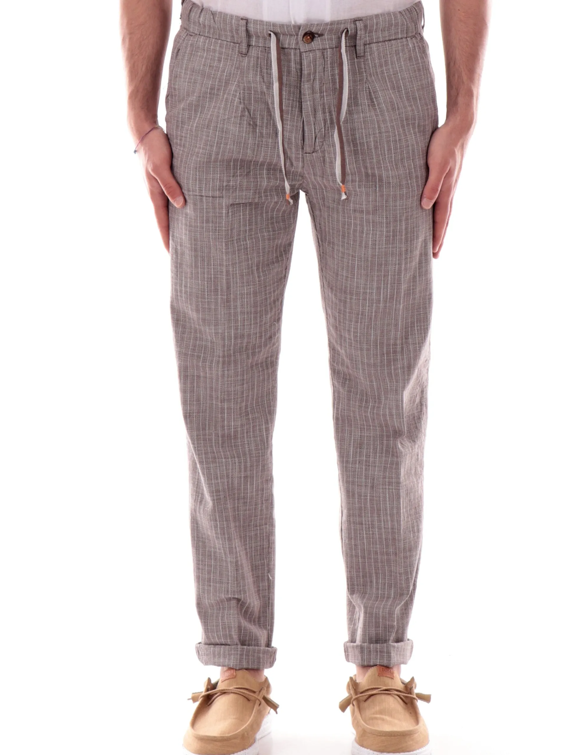 YES ZEE Pantaloni*Pantaloni marroni rigati da uomo con tasche e laccetti regolabili P670PF002001