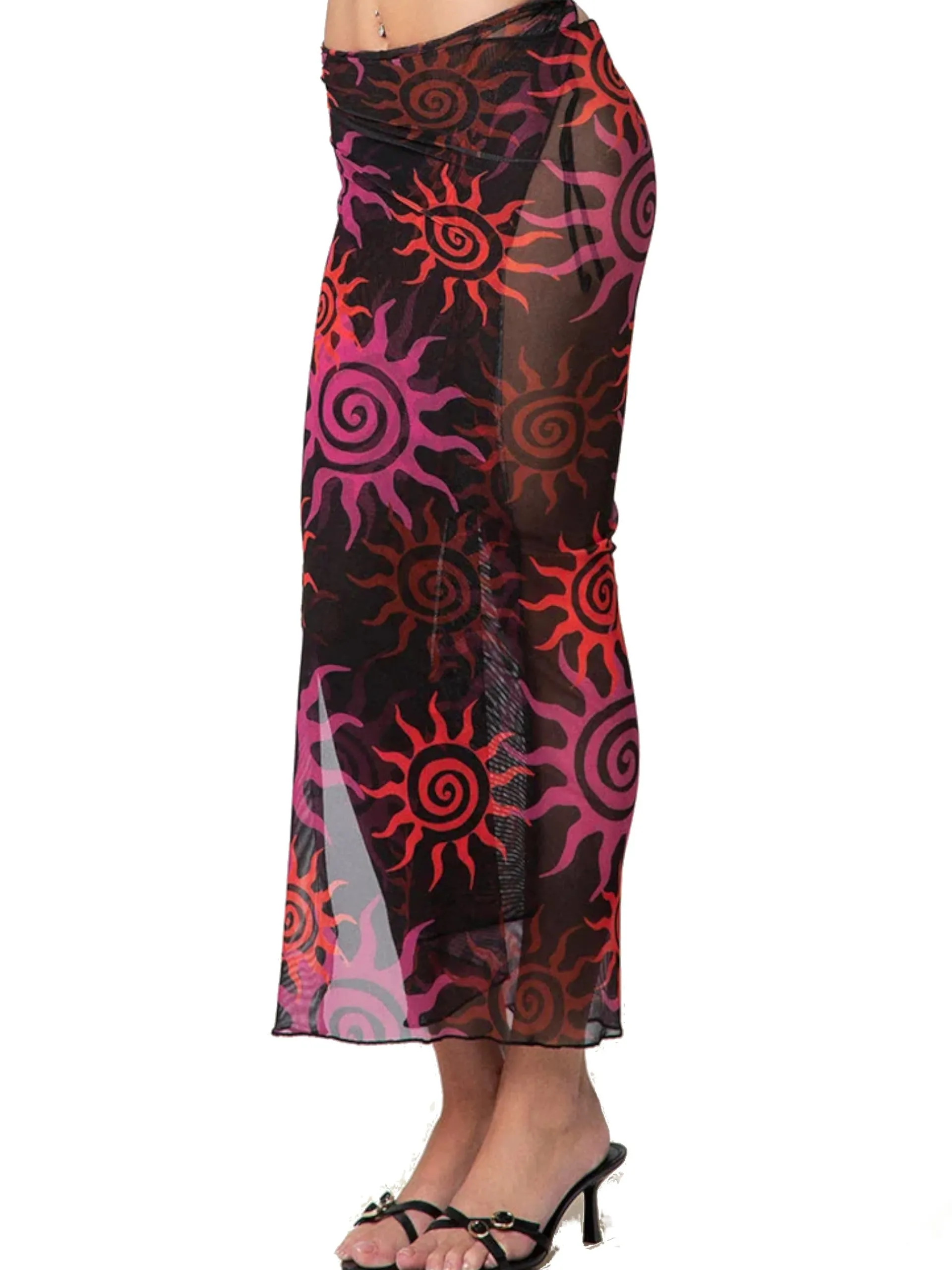 EFFEK Pareo*Pareo Lungo da donna nero fantasia soli fucsia e rossi 0818X03