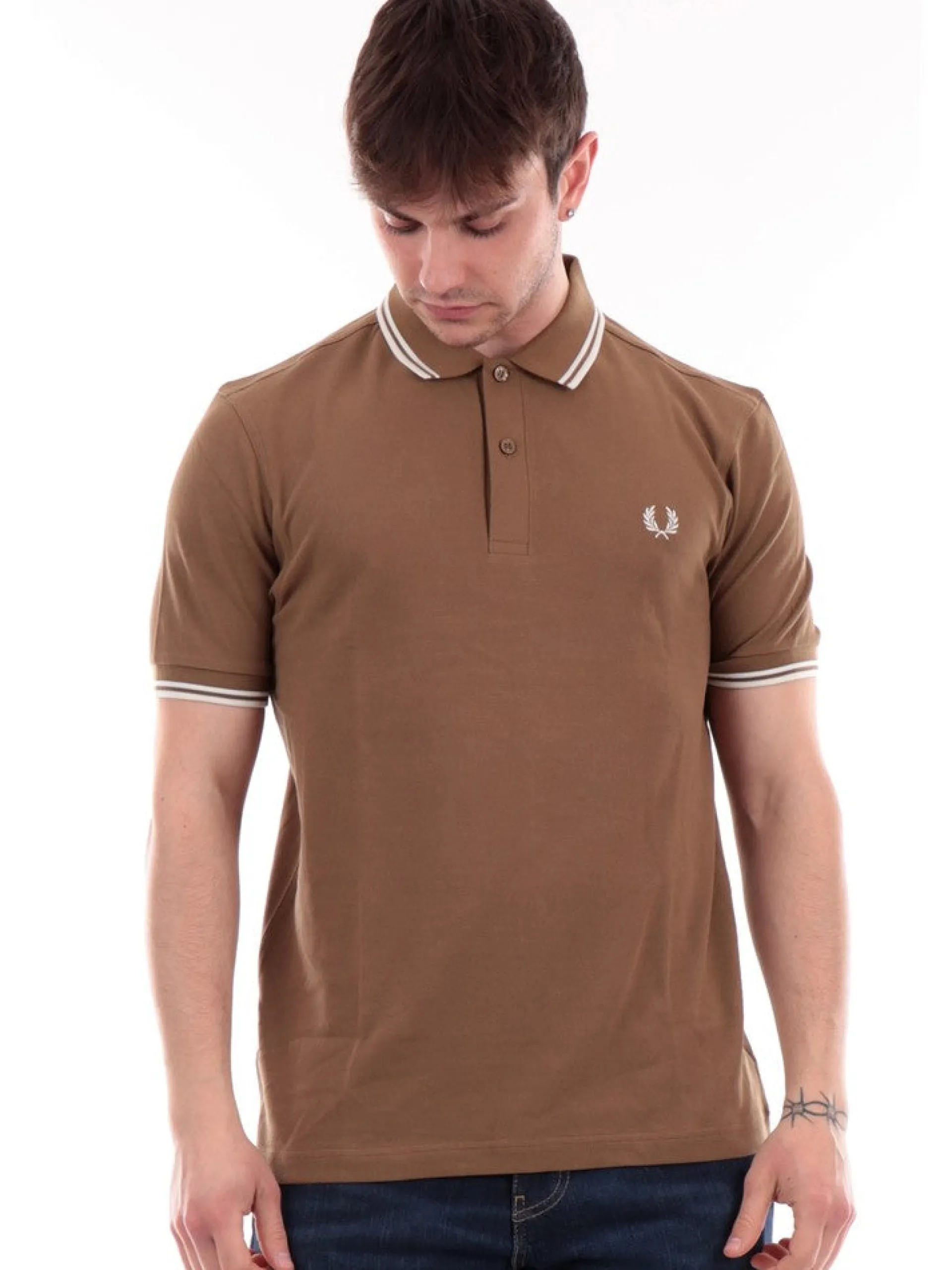 FRED PERRY Polo*Polo Beige da Uomo con bordini Bianchi Twin Tipped M3600U90