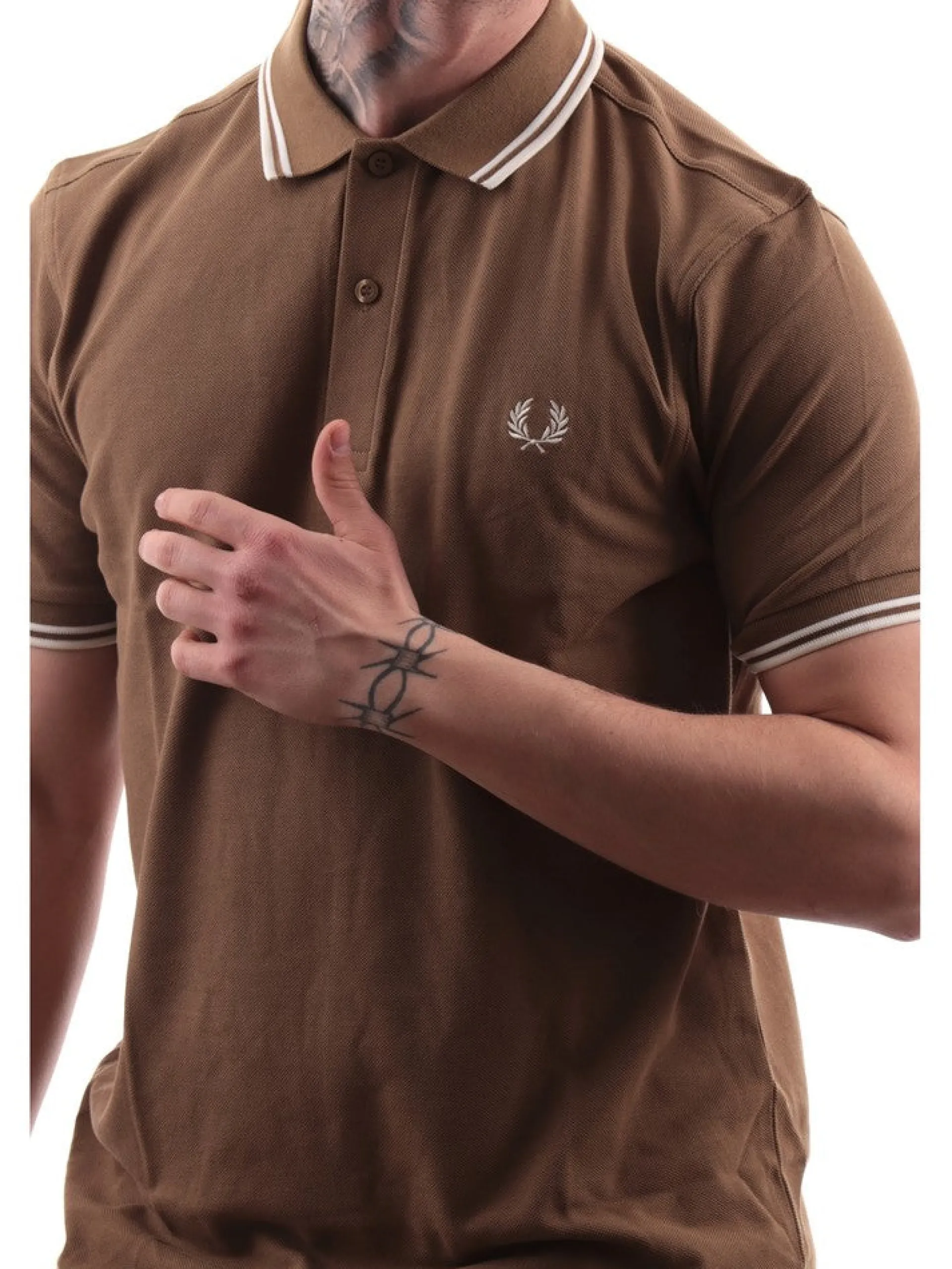 FRED PERRY Polo*Polo Beige da Uomo con bordini Bianchi Twin Tipped M3600U90