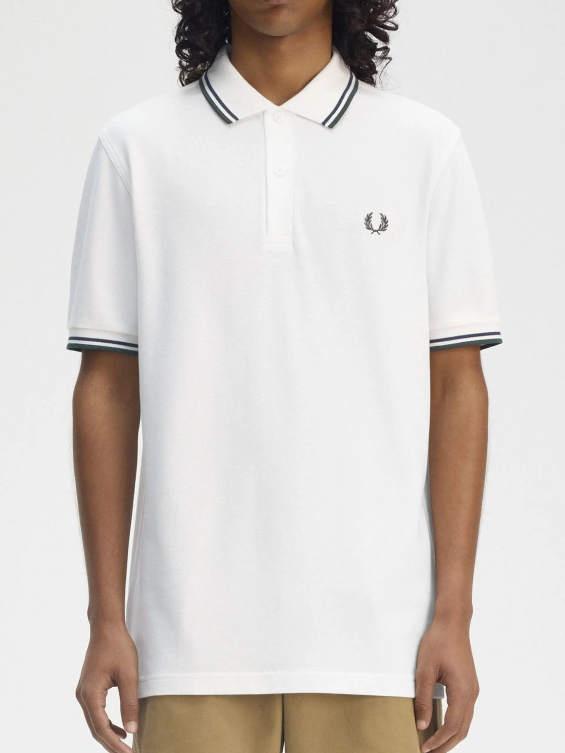 FRED PERRY Polo*Polo bianca da uomo inserti blu e verdi Twin Tipped M3600