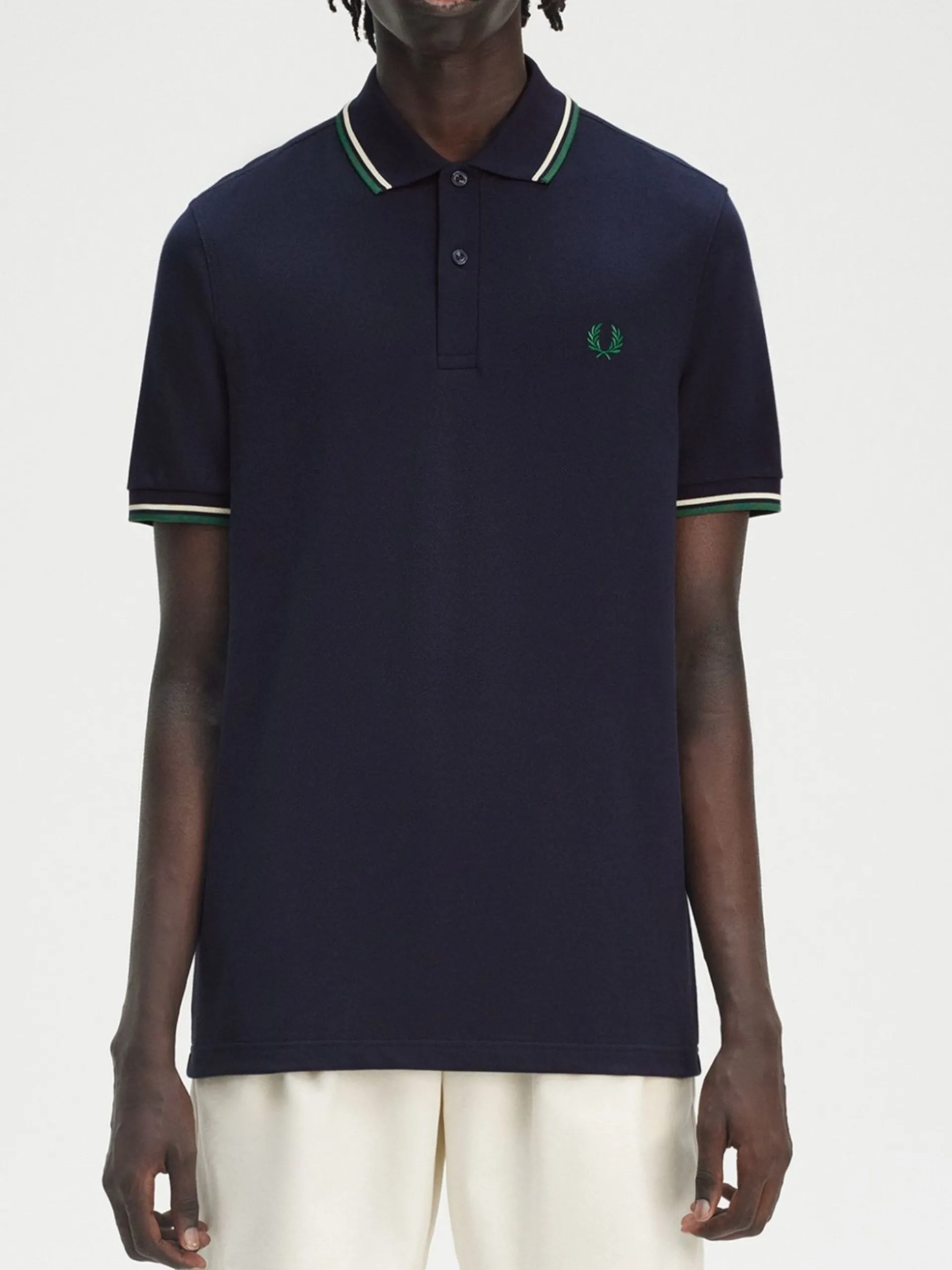 FRED PERRY Polo*Polo blu da uomo inserti verdi e bianchi Twin Tipped M3600
