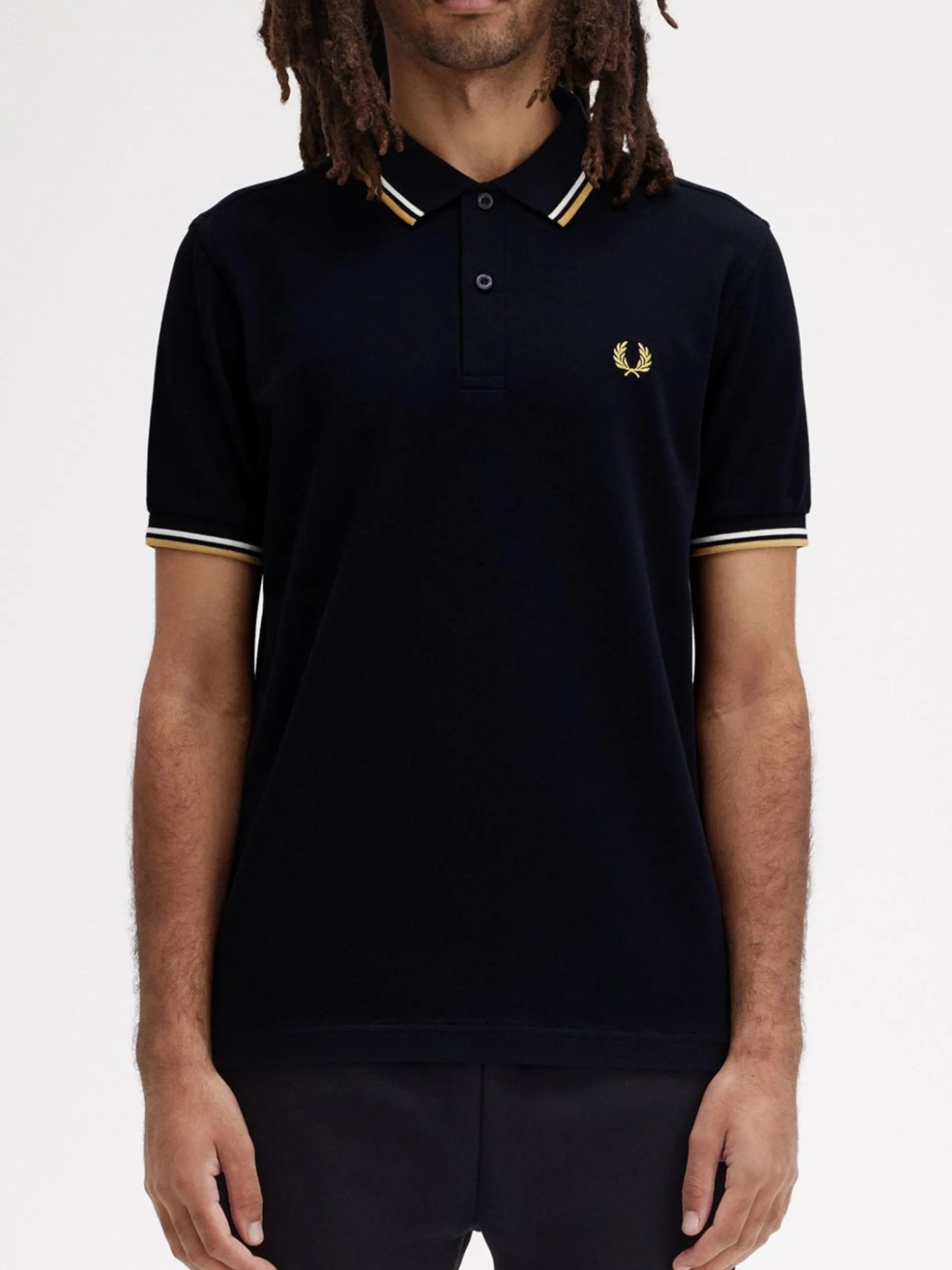 FRED PERRY Polo*Polo blu navy da uomo inserti oro e bianchi Twin Tipped M3600