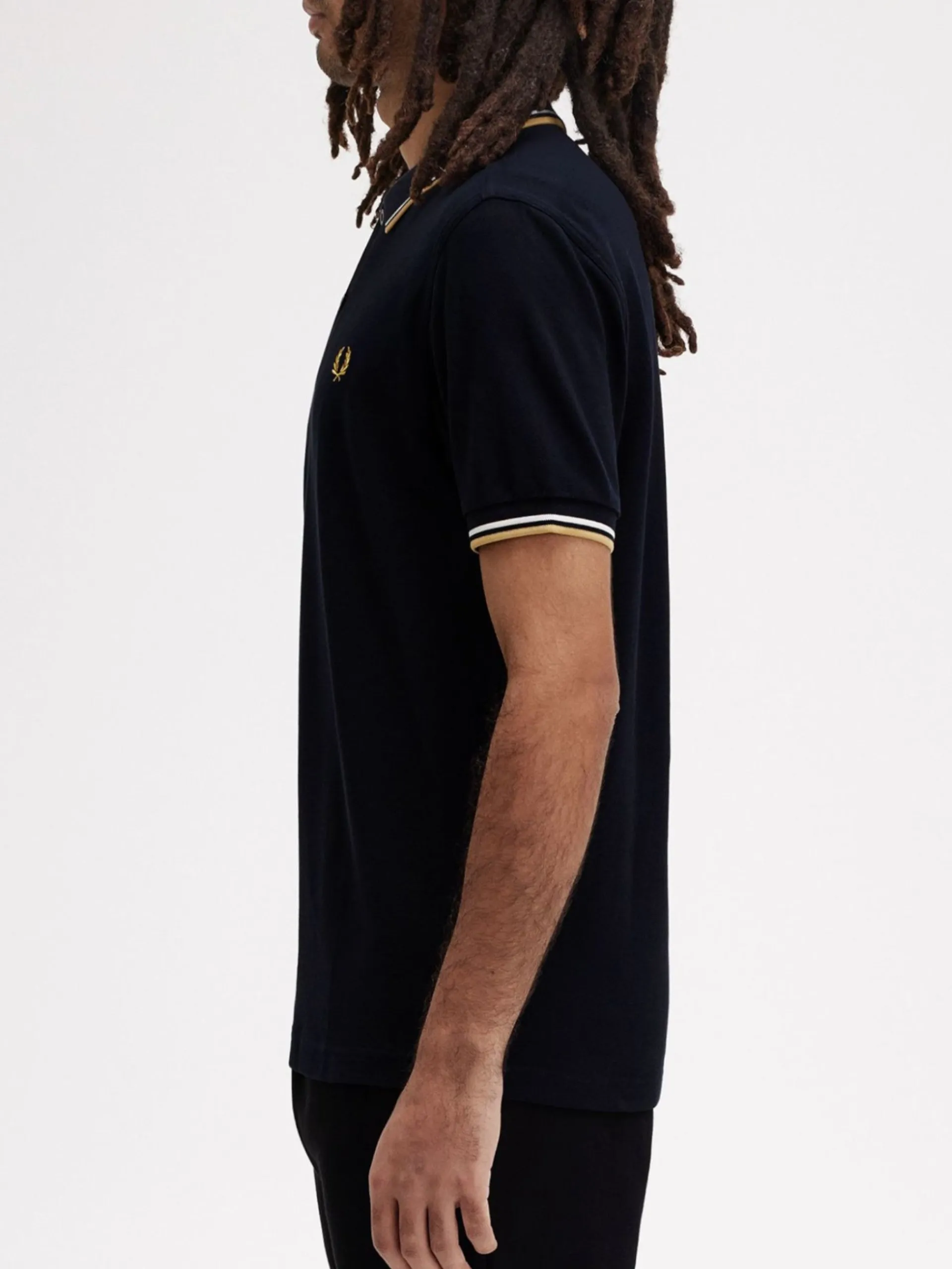 FRED PERRY Polo*Polo blu navy da uomo inserti oro e bianchi Twin Tipped M3600