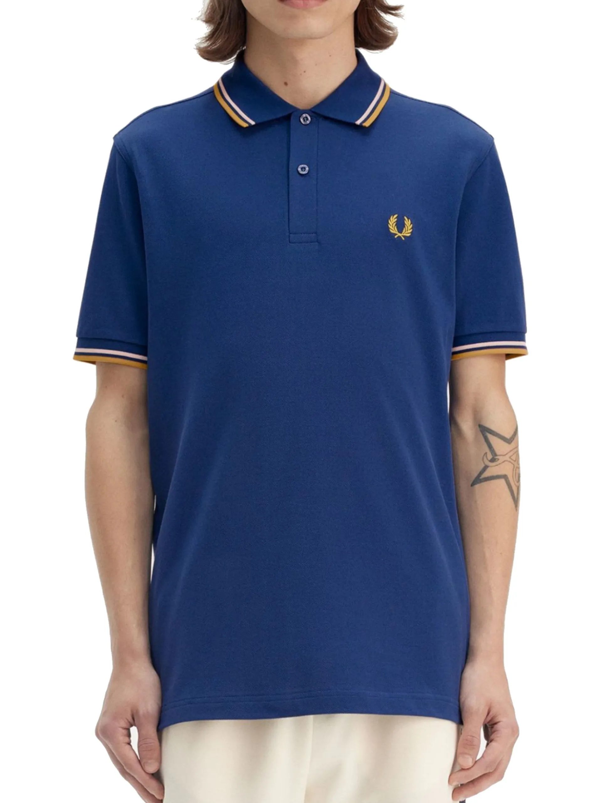 FRED PERRY Polo*Polo blu royale da uomo inserti oro e bianchi Twin Tipped M3600