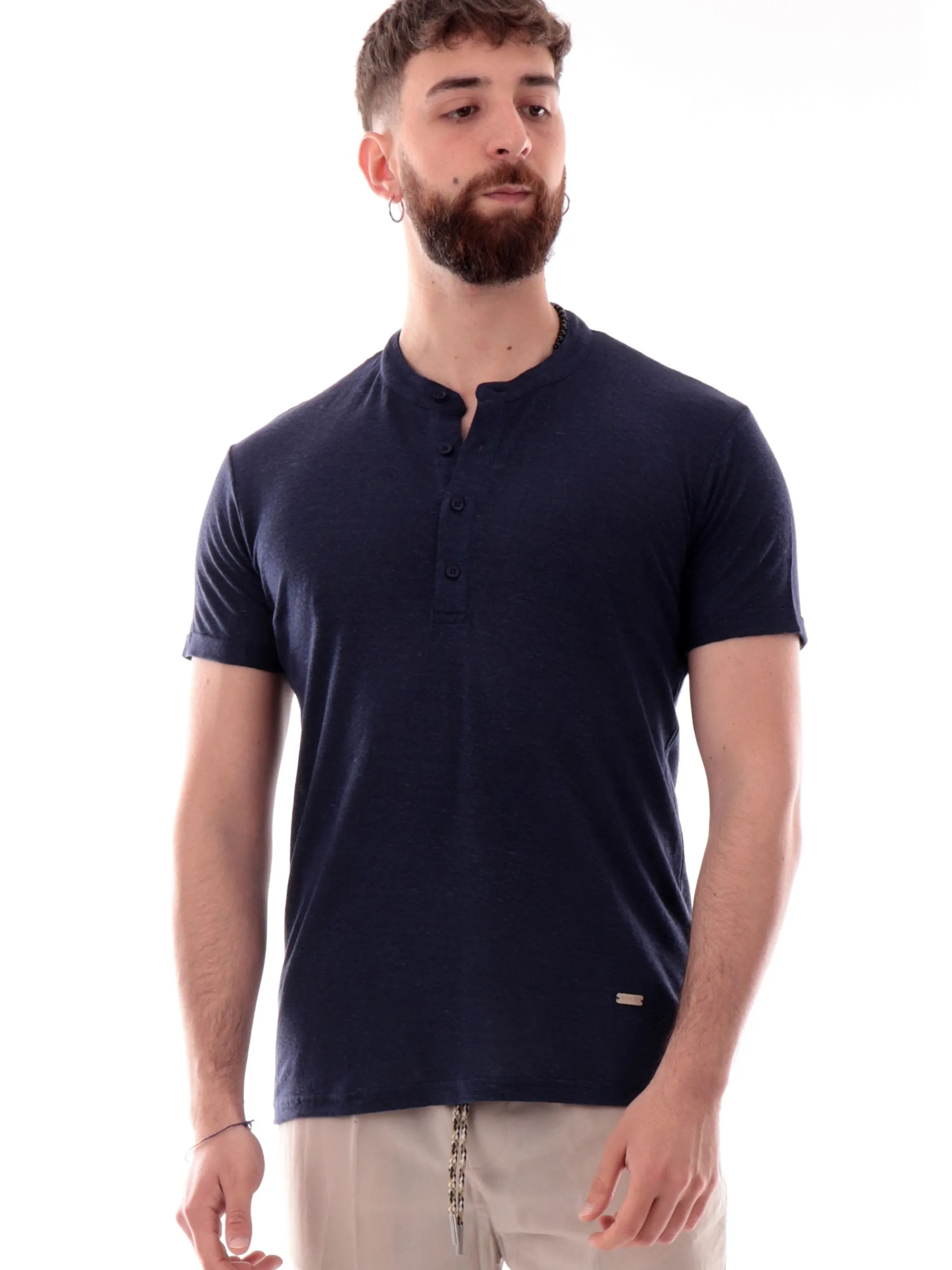 GIANNI LUPO T-Shirt*Polo Serafino blu da uomo in lino GL525LS25