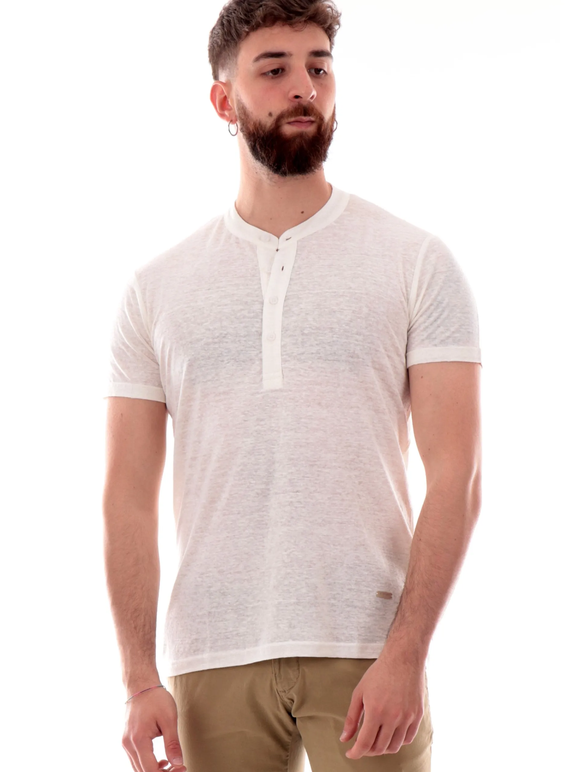 GIANNI LUPO T-Shirt*Polo Serafino bianca da uomo in lino GL525LS25
