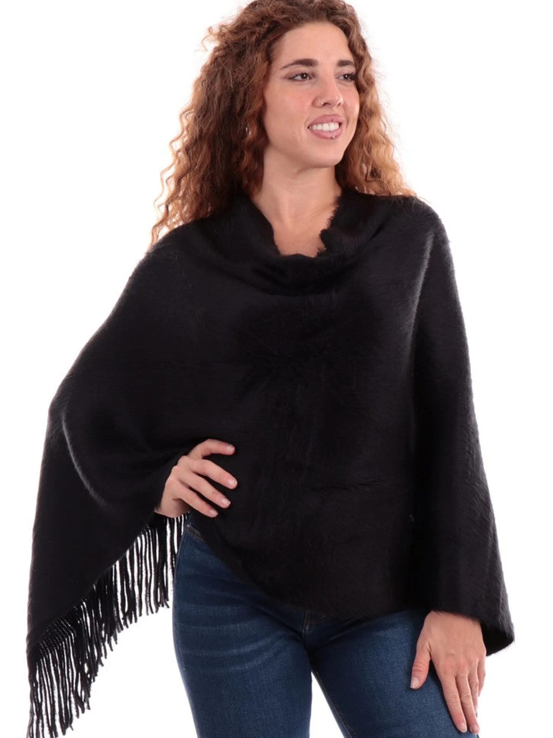 MOLLYBRACKEN Maglie*Poncho Molly Bracken Nero da donna con frange B187BH