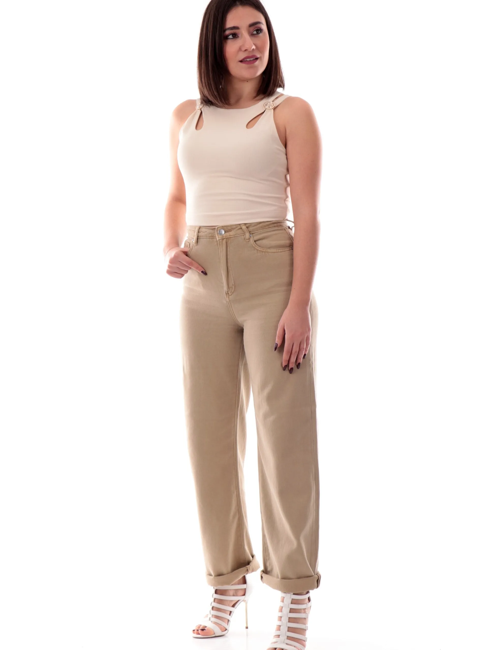 GUESS Maglie*Top crop beige da donna a costine W5RP13KAQL2