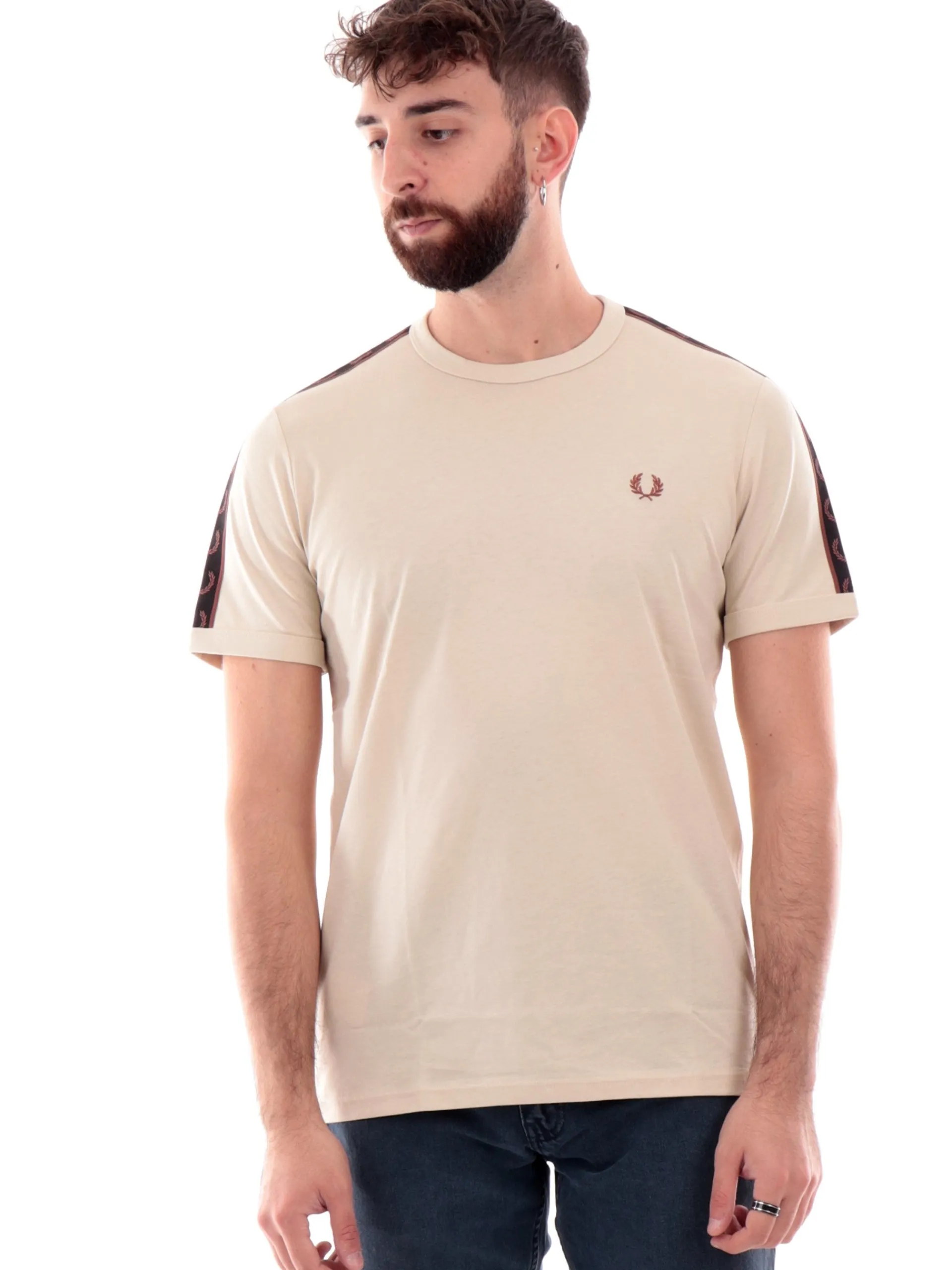 FRED PERRY T-Shirt*T-Shirt beige da uomo bande logate Contrast Tape Ringer M4613