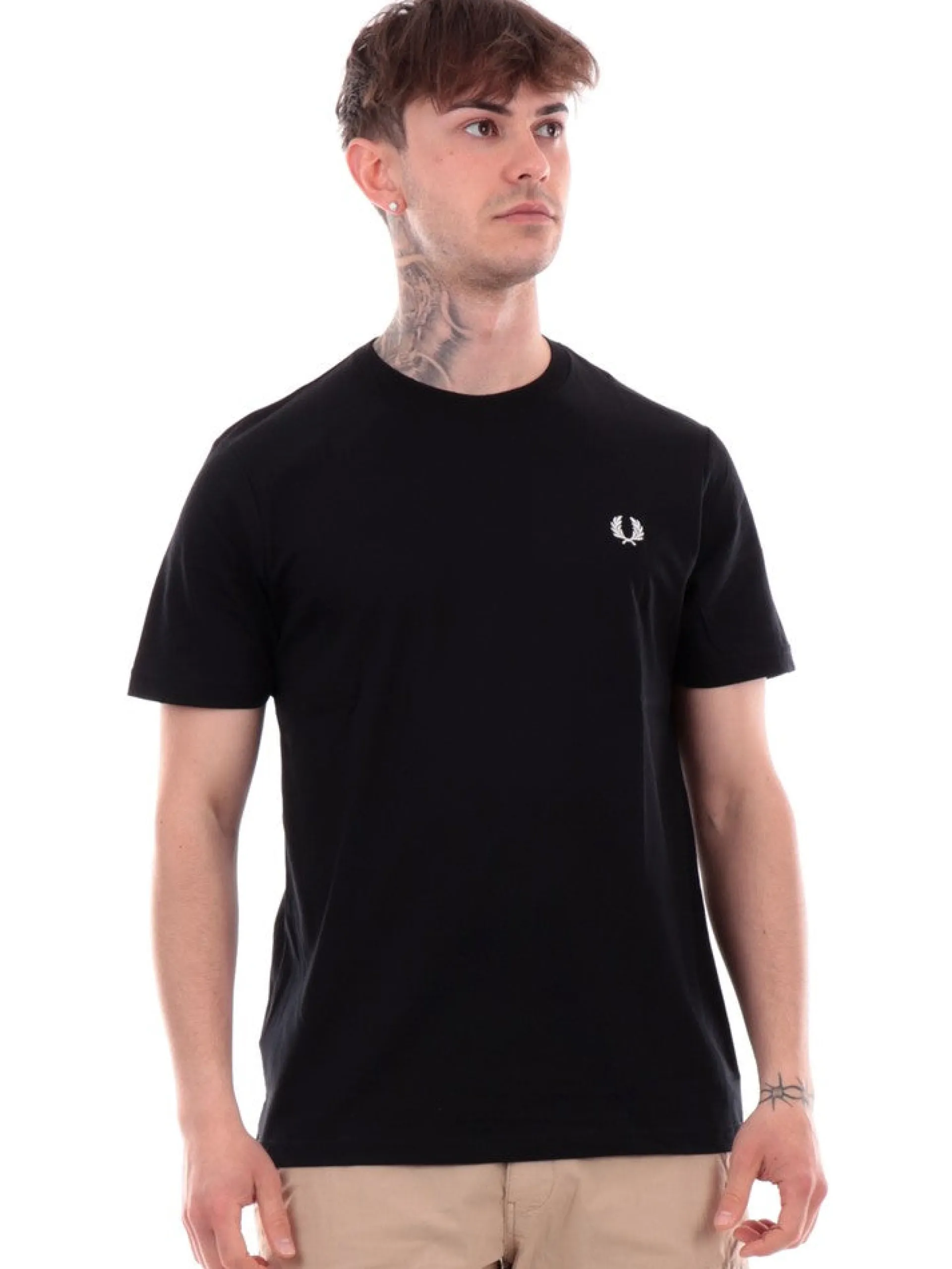 FRED PERRY T-Shirt*T-shirt nera da uomo logo bianco Crew Neck M1600