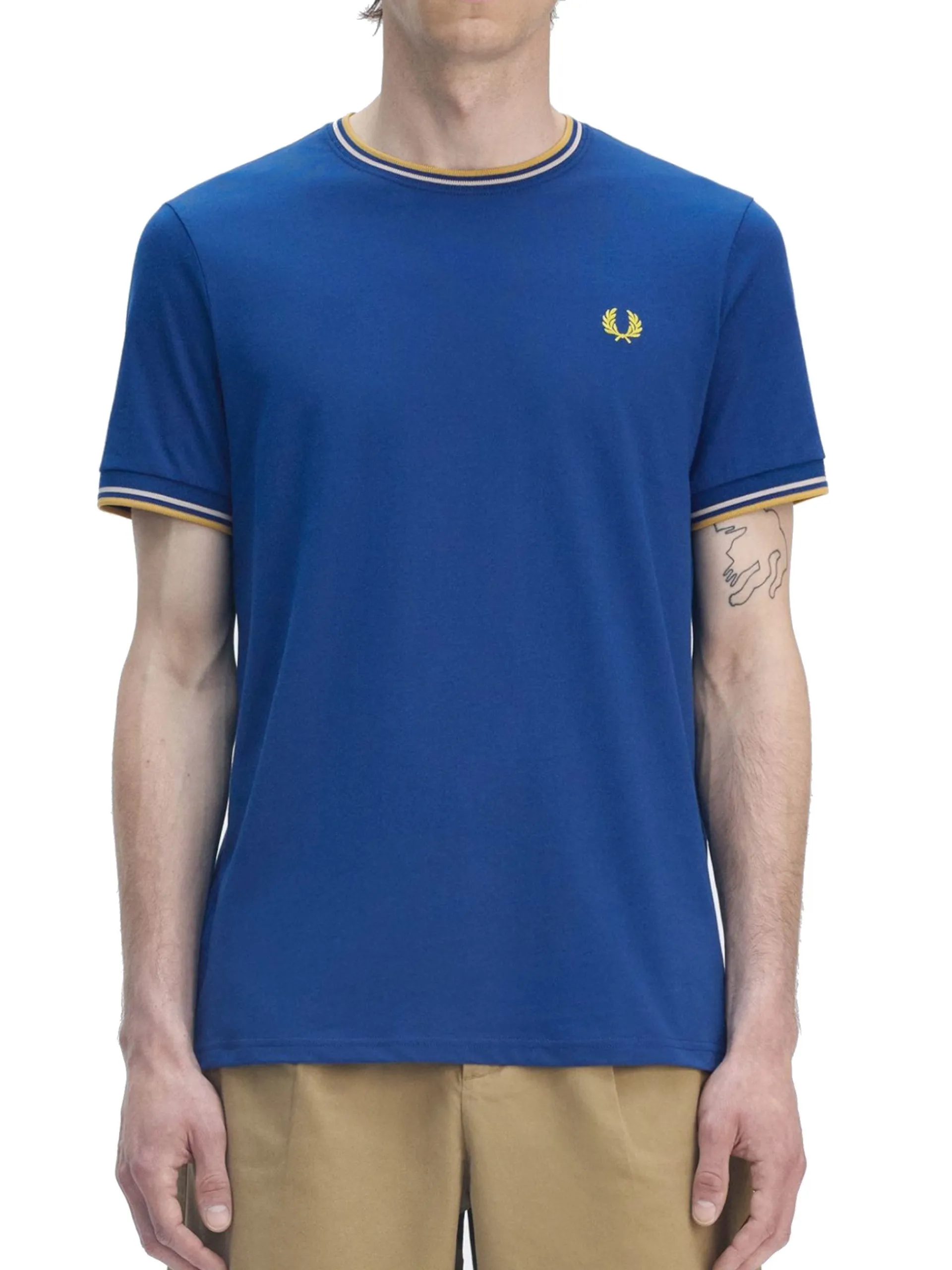 FRED PERRY T-Shirt*T-shirt Twin Tipped blu da uomo bande oro e bianche M1588