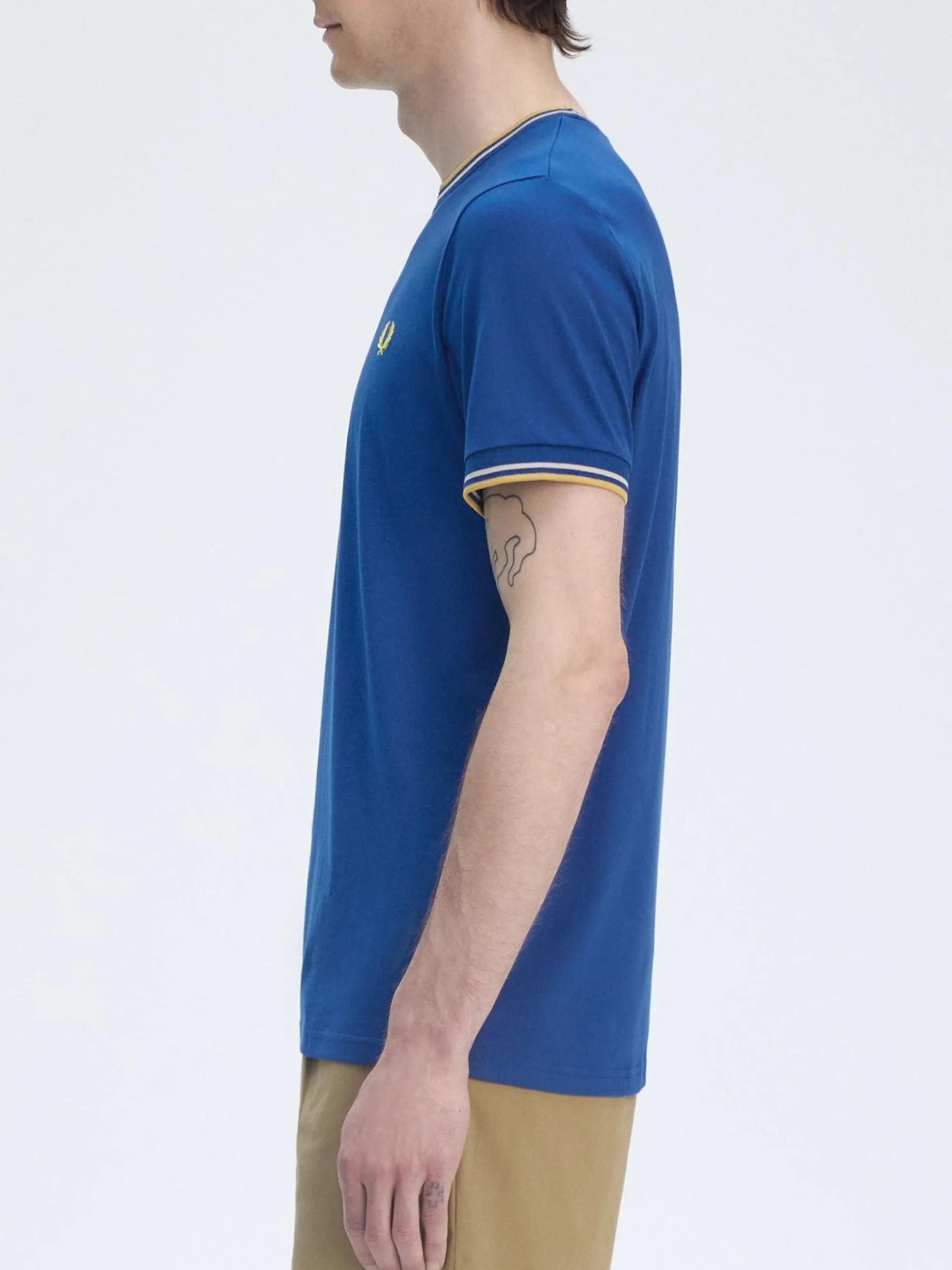 FRED PERRY T-Shirt*T-shirt Twin Tipped blu da uomo bande oro e bianche M1588