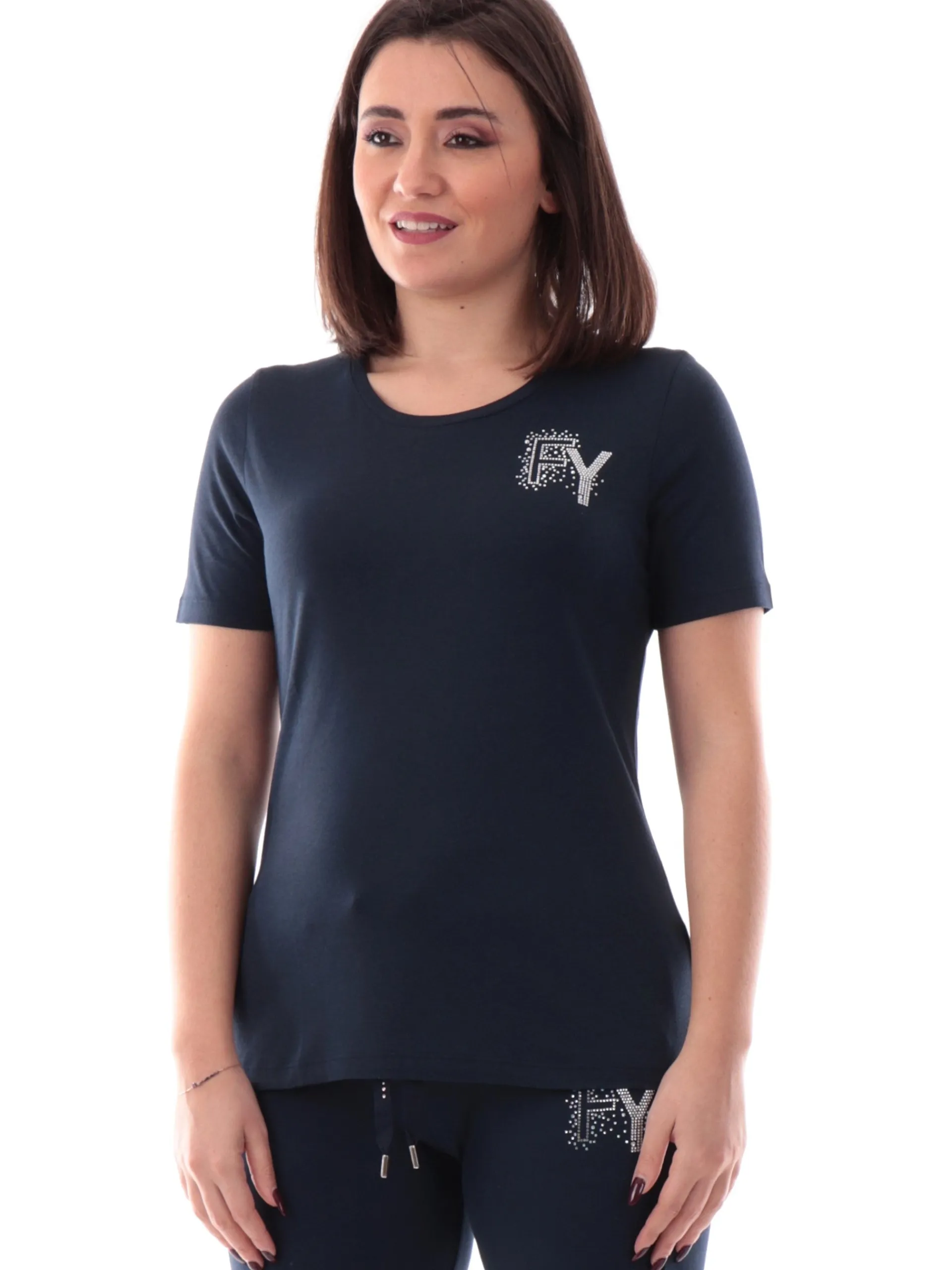 FREDDY T-Shirt*T-shirt blu da donna logo con strass lato cuore S25WCXT3