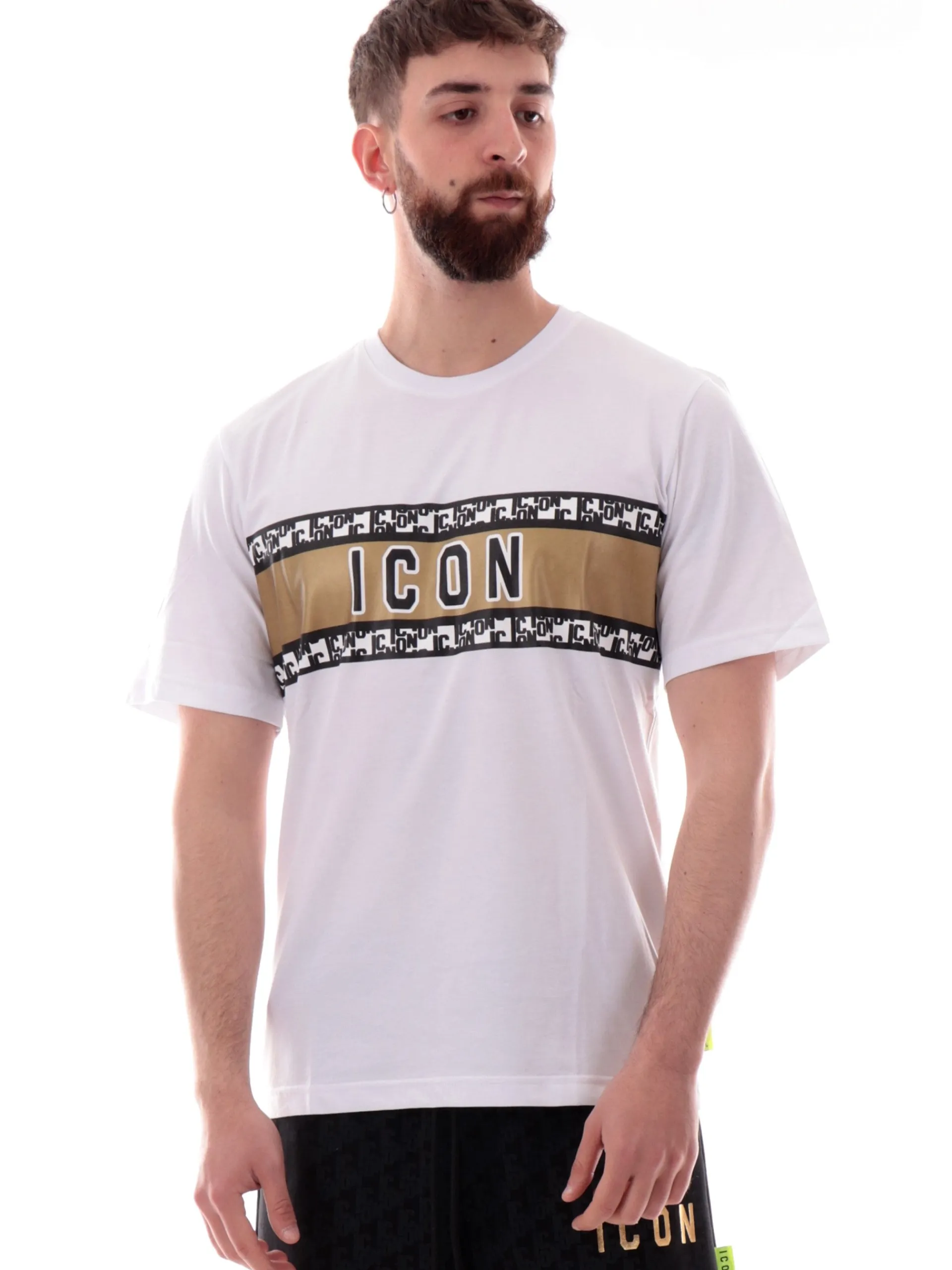ICON T-Shirt*T-shirt bianca da uomo Logo a fascia oro e nera ICUS2S5T051 BIAN