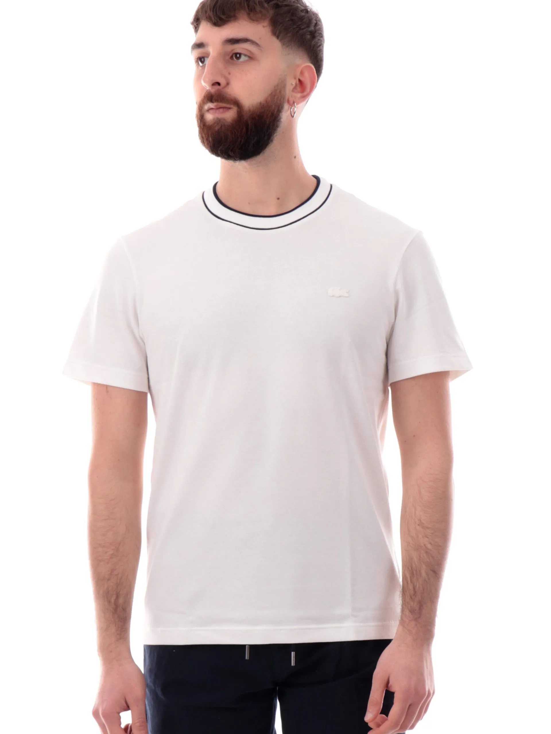 LACOSTE T-Shirt*T-shirt bianca da uomo bande blu sul colletto TH8174