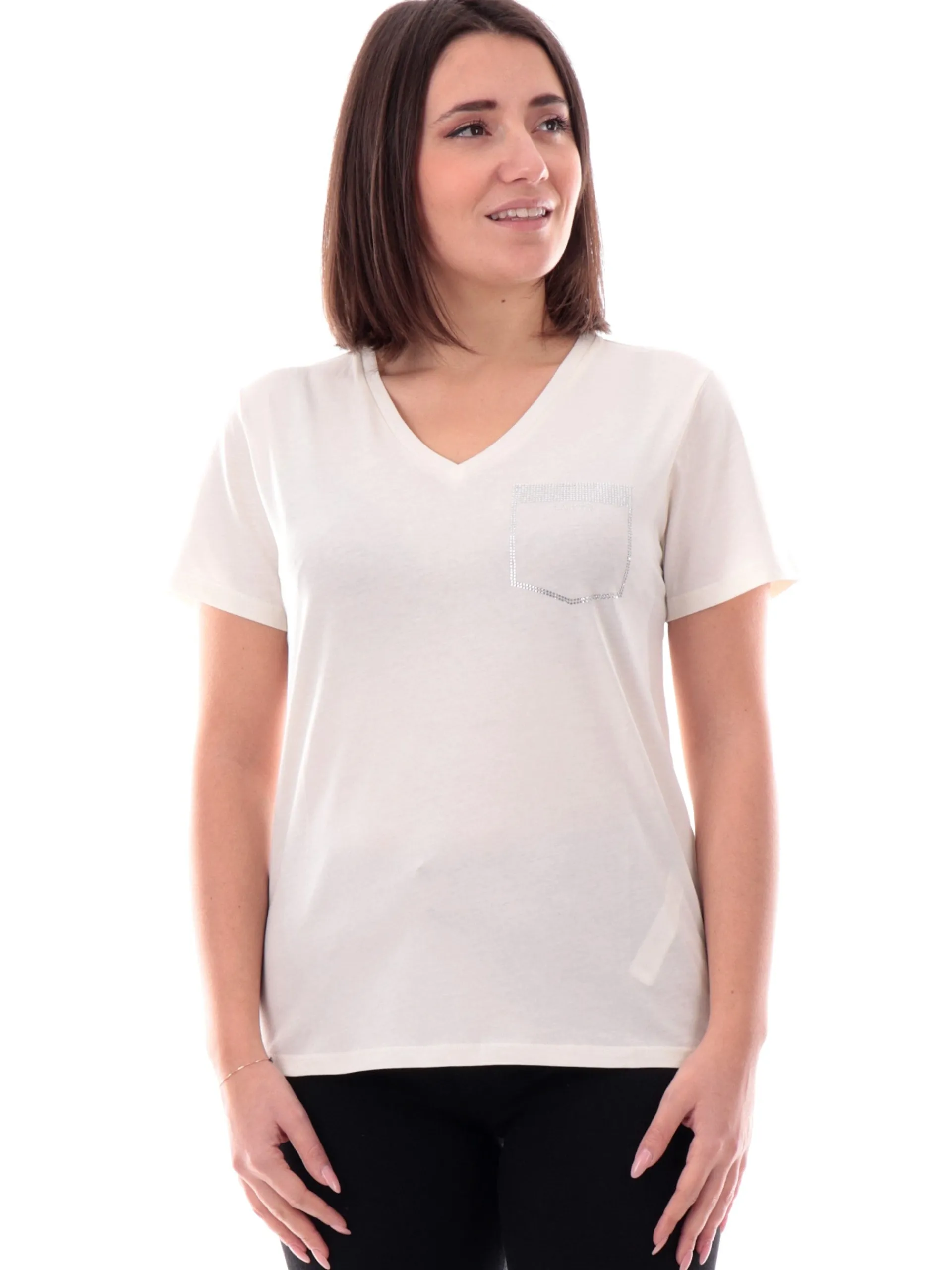 LIU JO SPORT T-Shirt*T-Shirt Liu Jo bianca da donna scollo a v e taschino strass TA5172JS923M912