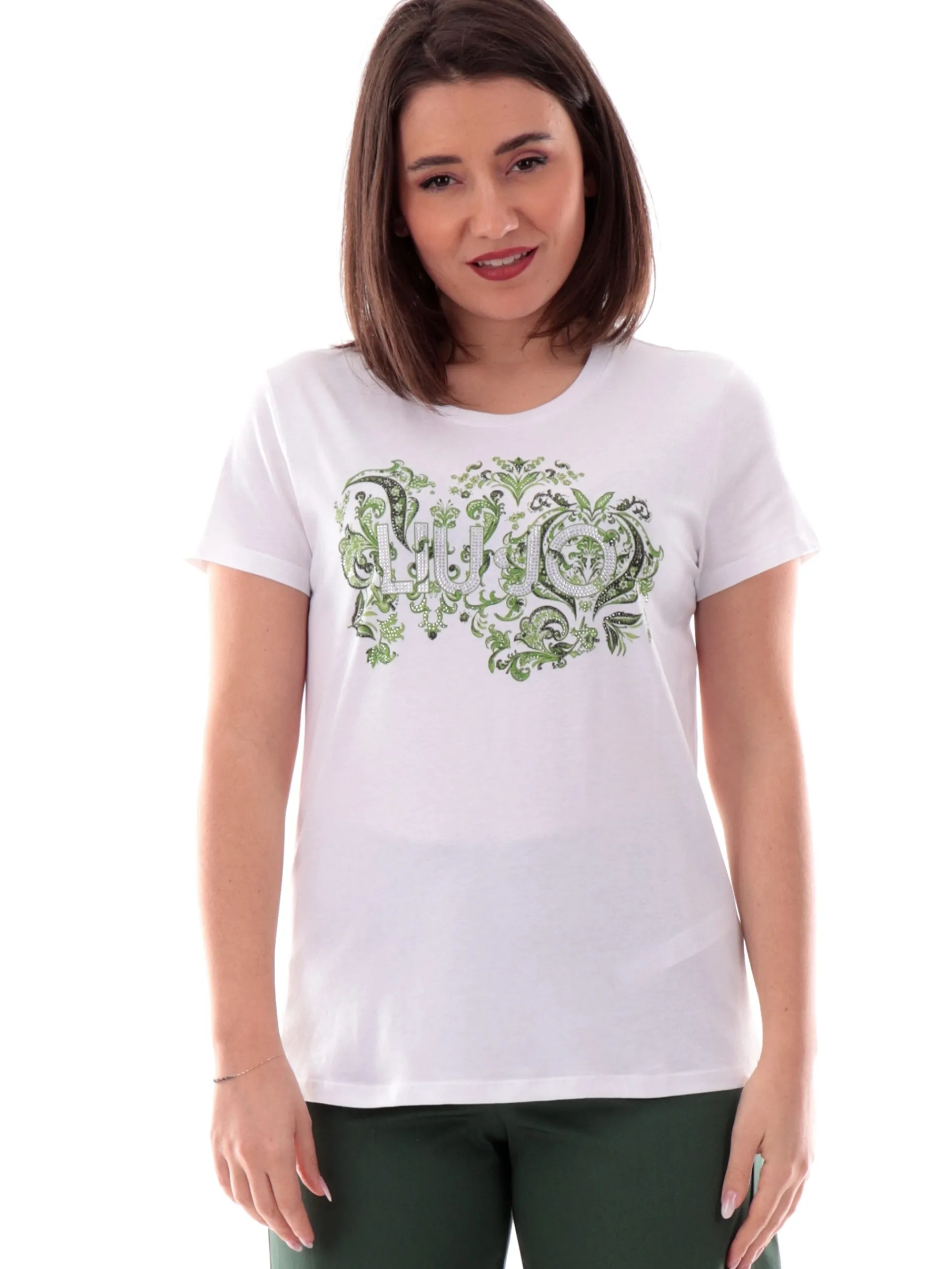 LIU JO MILANO T-Shirt*T-shirt Liu Jo bianca da donna con strass Logo verde WA5240JS923M9607