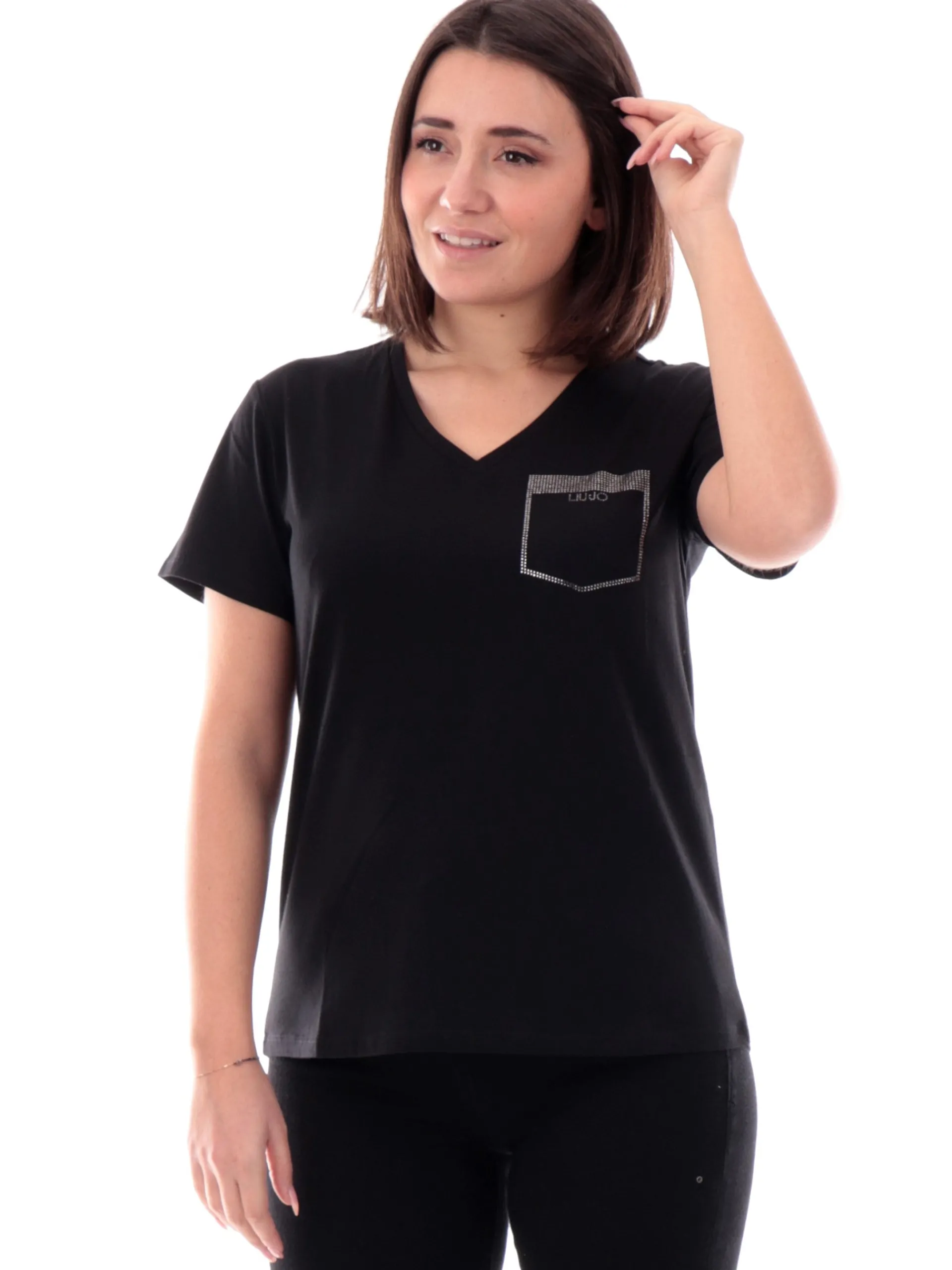 LIU JO SPORT T-Shirt*T-Shirt Liu Jo Nera da donna scollo a v e taschino strass TA5172JS923M9278