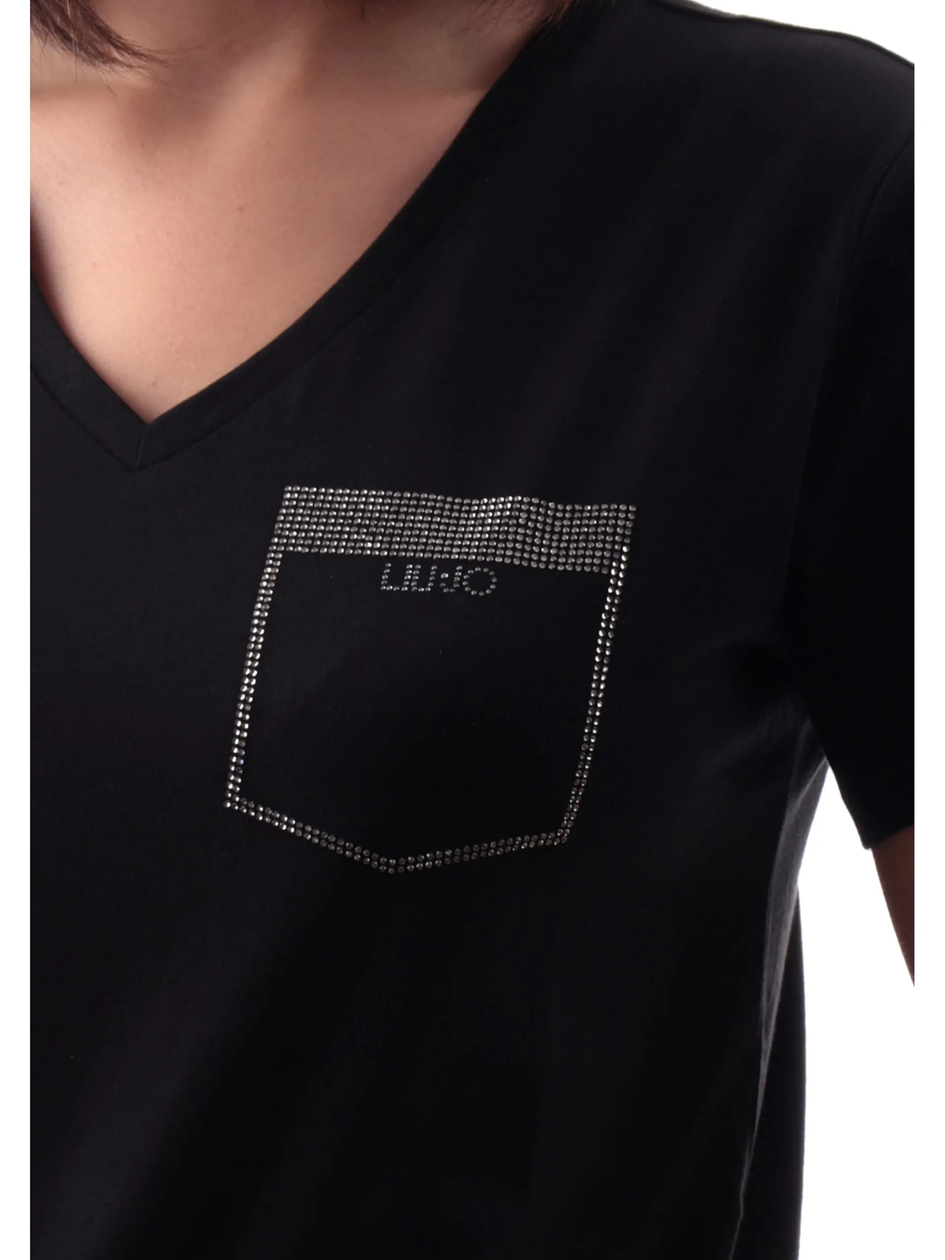 LIU JO SPORT T-Shirt*T-Shirt Liu Jo Nera da donna scollo a v e taschino strass TA5172JS923M9278