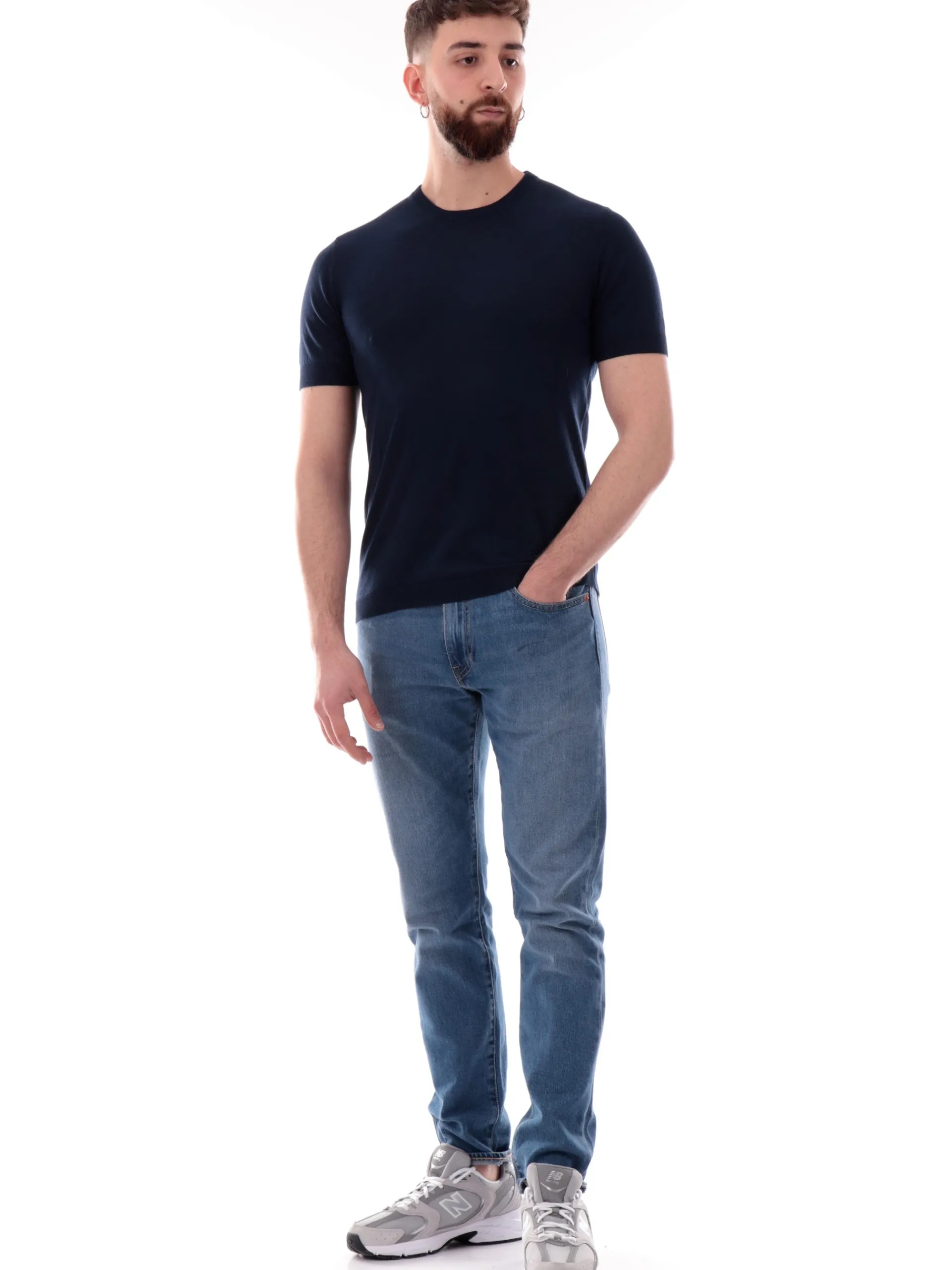 YES ZEE Maglie*T-shirt blu girocollo da uomo tessuto in maglia M715DH00