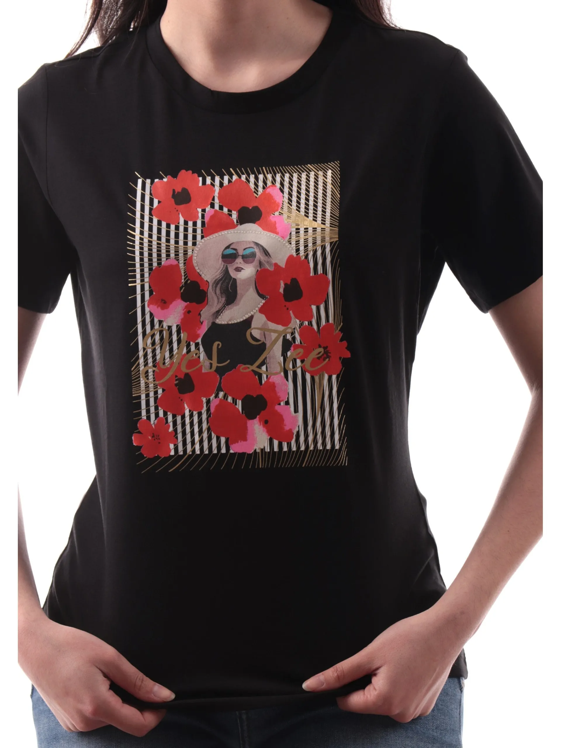 YES ZEE T-Shirt*T-shirt nera da donna con stampa frontale donna e papaveri T265JX020801