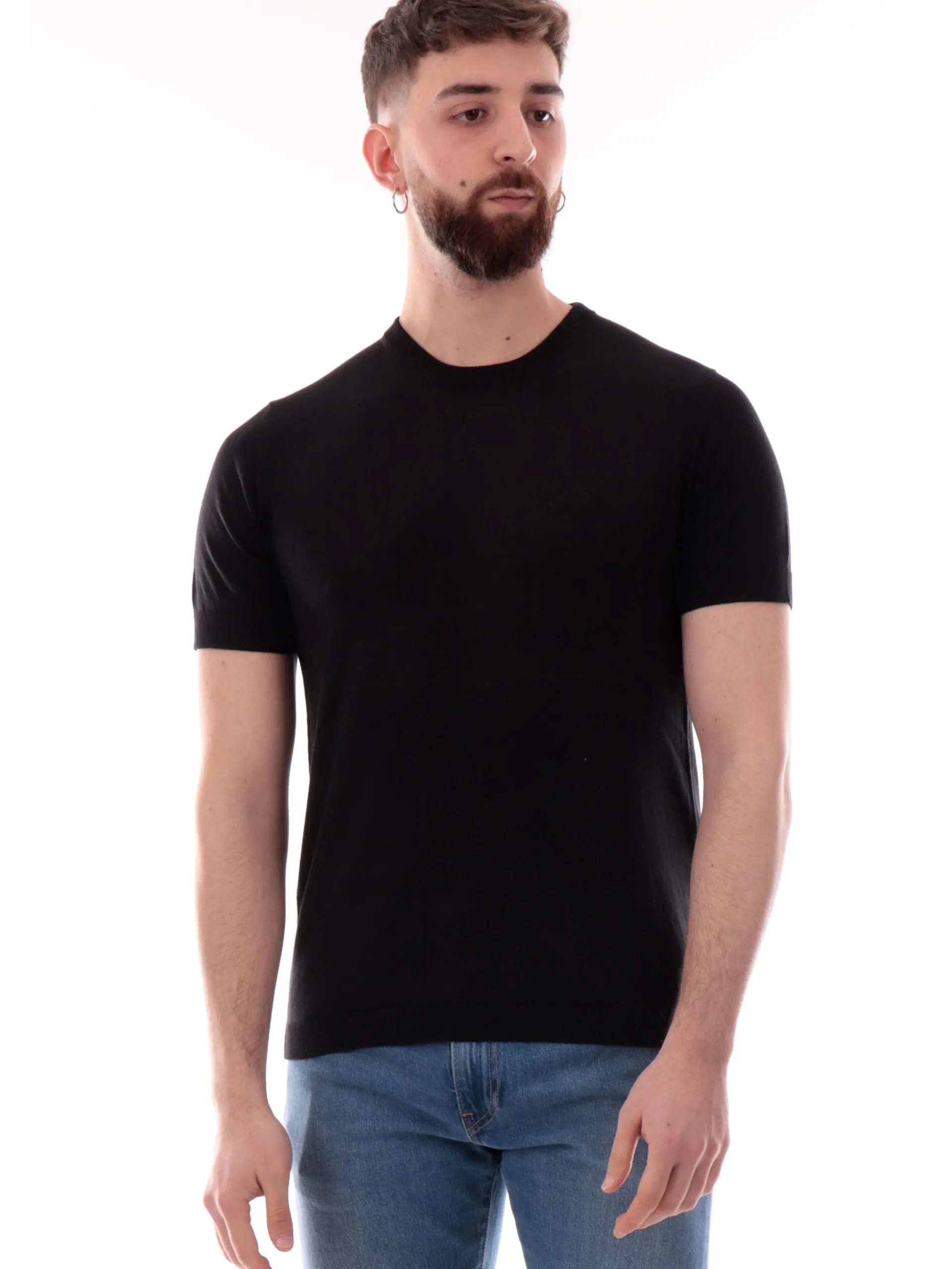 YES ZEE Maglie*T-shirt nera girocollo da uomo tessuto in maglia M715DH00