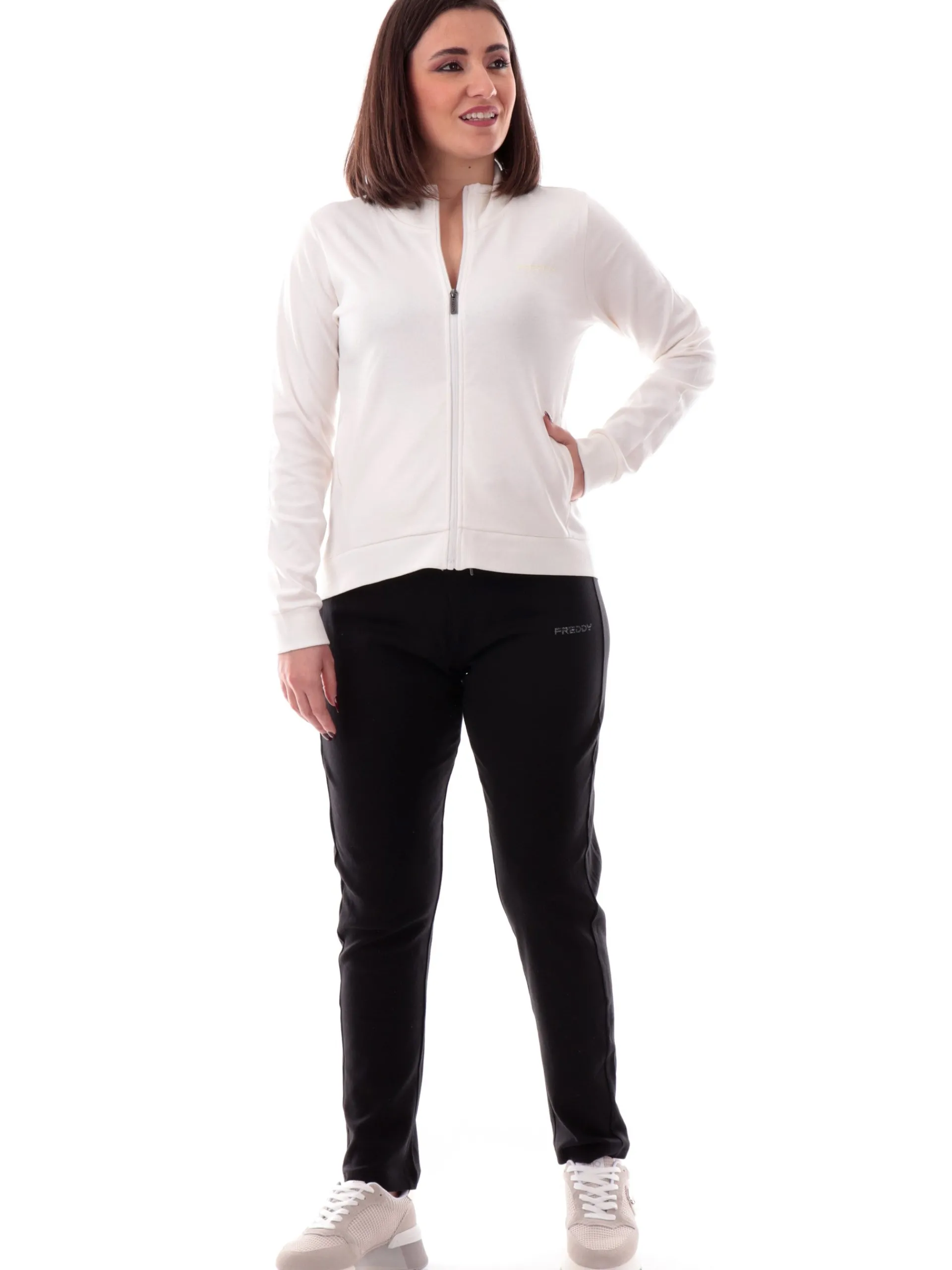 FREDDY Tute*Tuta bianca e nera da donna full zip logo con glitter S25WTRK2