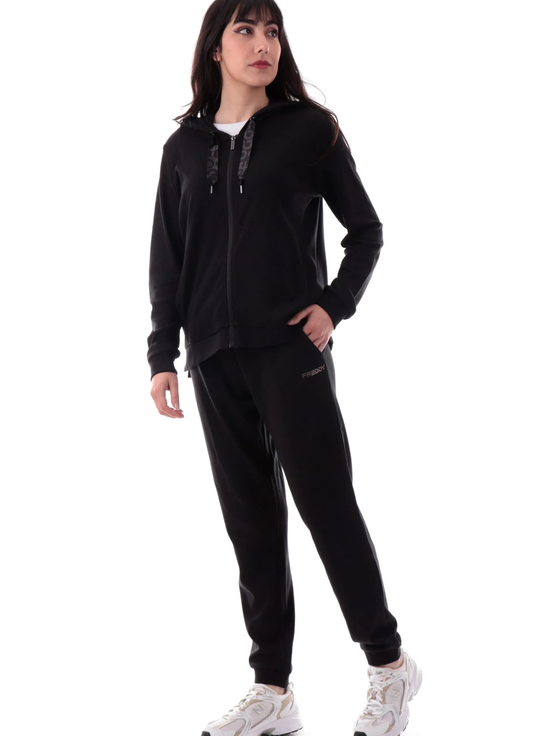 FREDDY Tute*Tuta nera da donna con cappuccio logo manica S25WTRK4