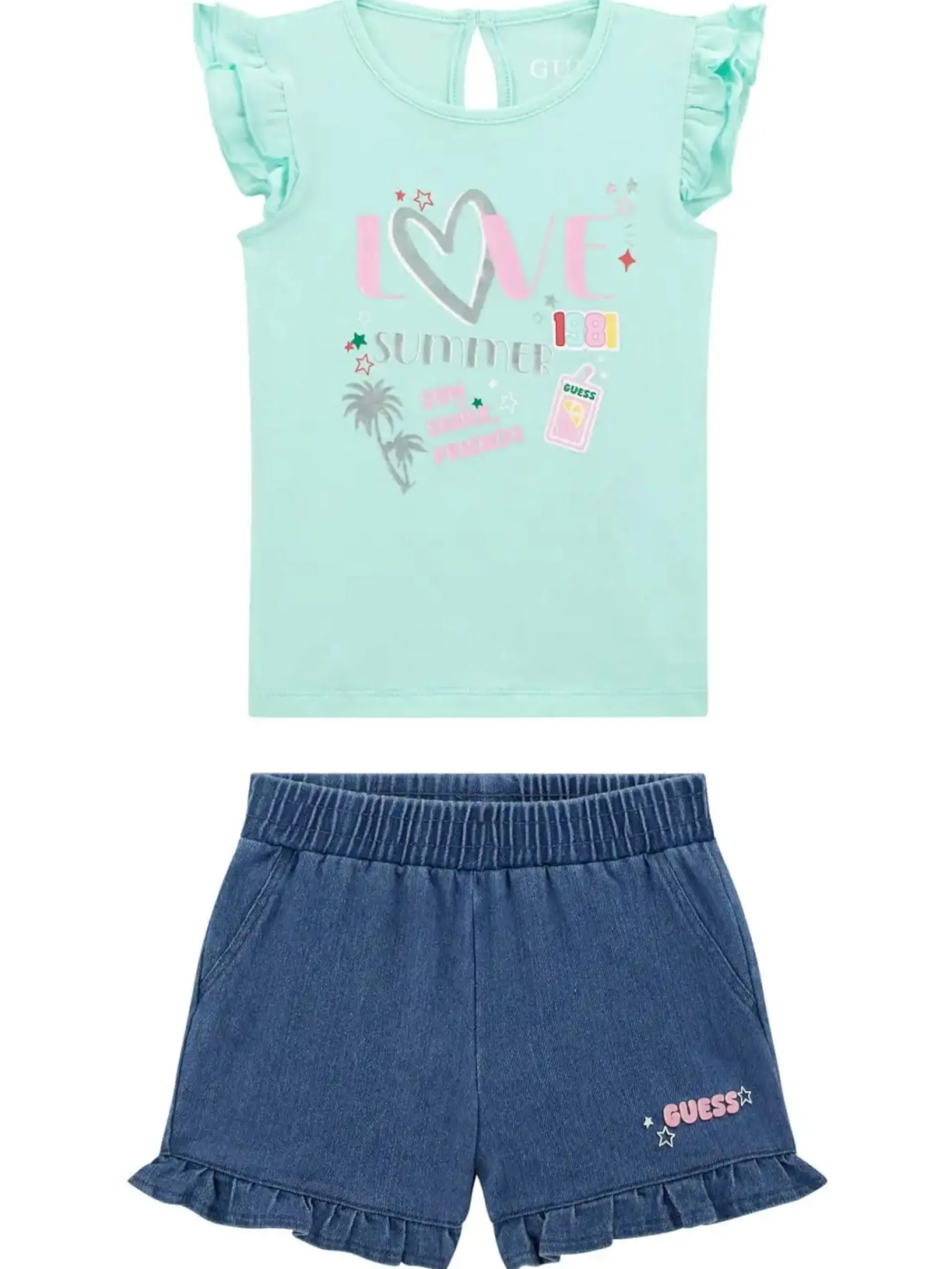 GUESS Completi*Tuta verde da bambina con shorts jeans K5GG04K6YW4
