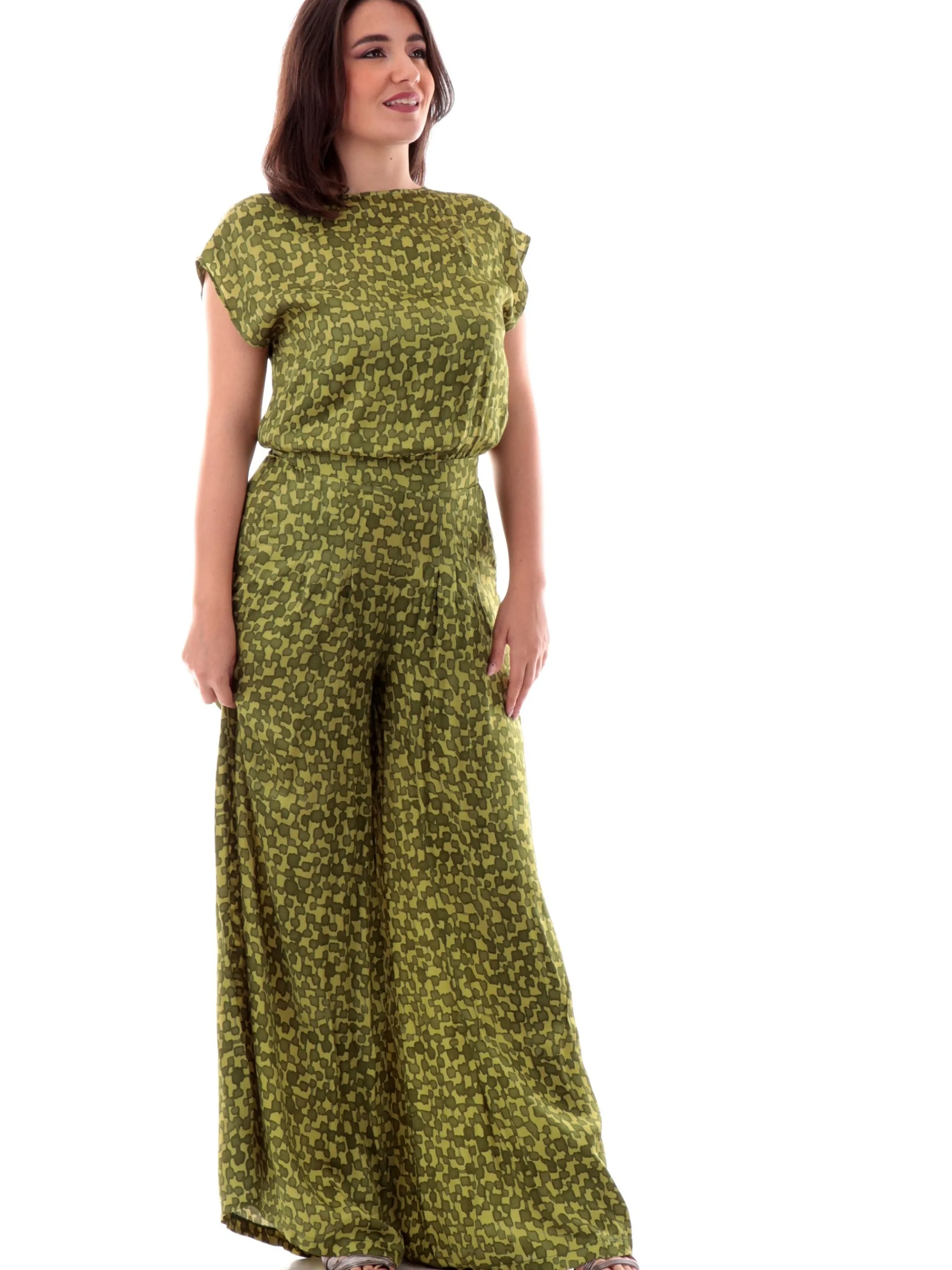MANILA GRACE Jumpsuit*Tuta intera elegante jumpsuit verde fantasia foglie da donna schiena scoperta