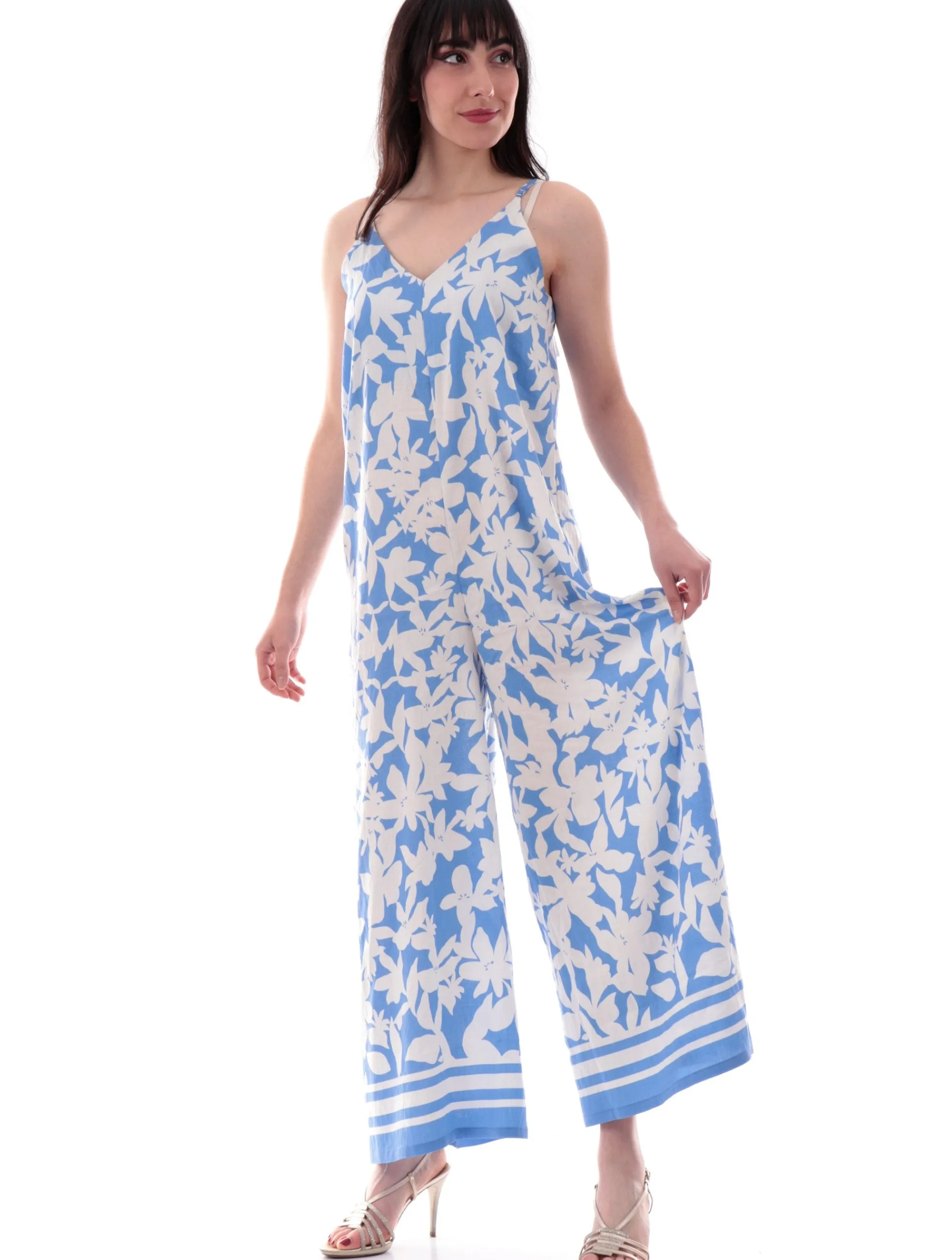 MOLLYBRACKEN Vestiti*Tuta intera jumpsuit a fiori bianca e celeste a palazzo TL216DE-BLUEH