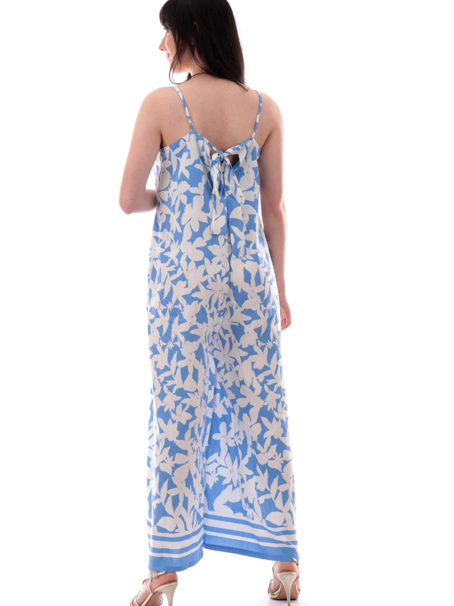 MOLLYBRACKEN Vestiti*Tuta intera jumpsuit a fiori bianca e celeste a palazzo TL216DE-BLUEH