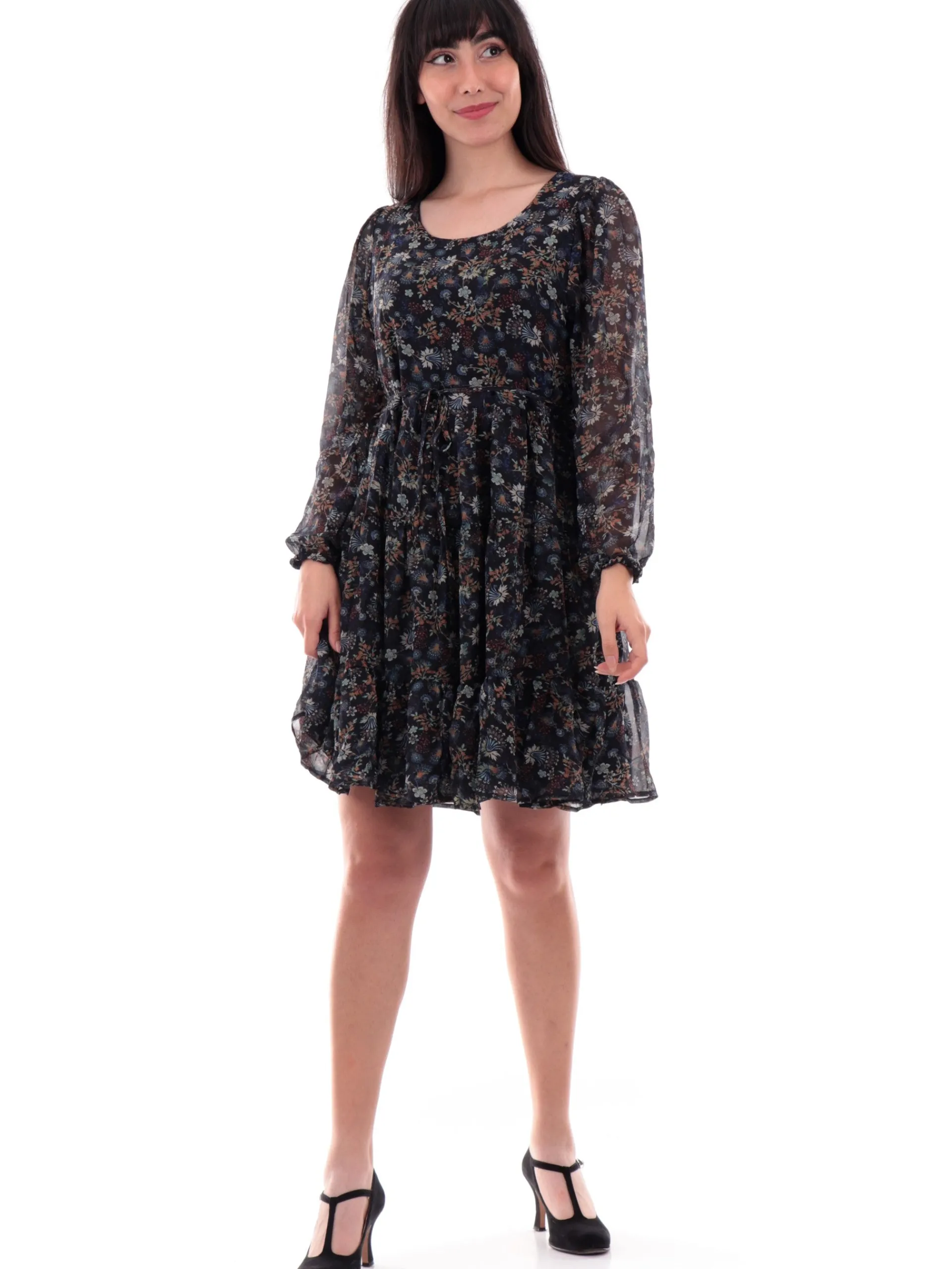 MOLLYBRACKEN Vestiti*Vestito a fiori Molly Bracken nero da donna svasato con balze N263CN
