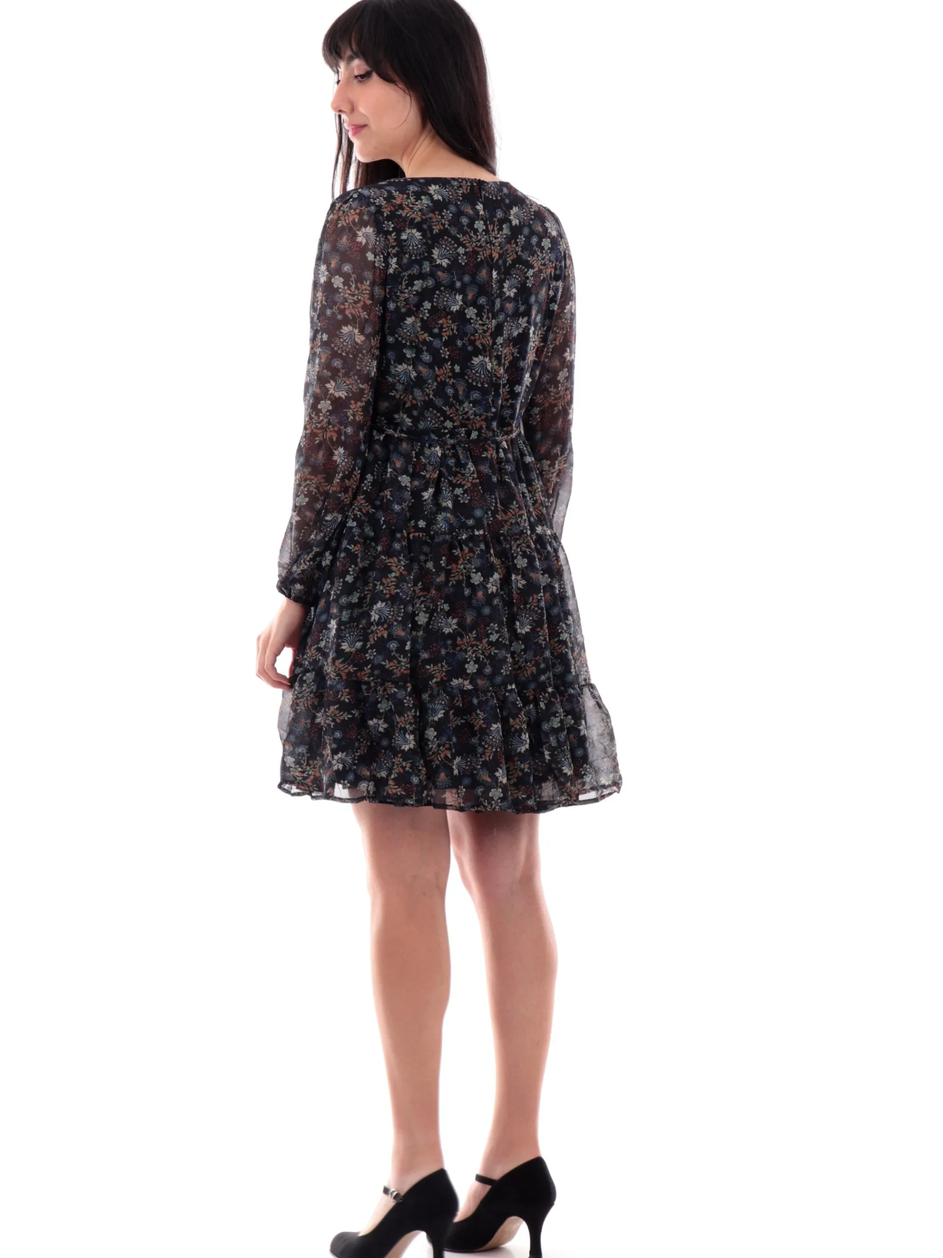 MOLLYBRACKEN Vestiti*Vestito a fiori Molly Bracken nero da donna svasato con balze N263CN