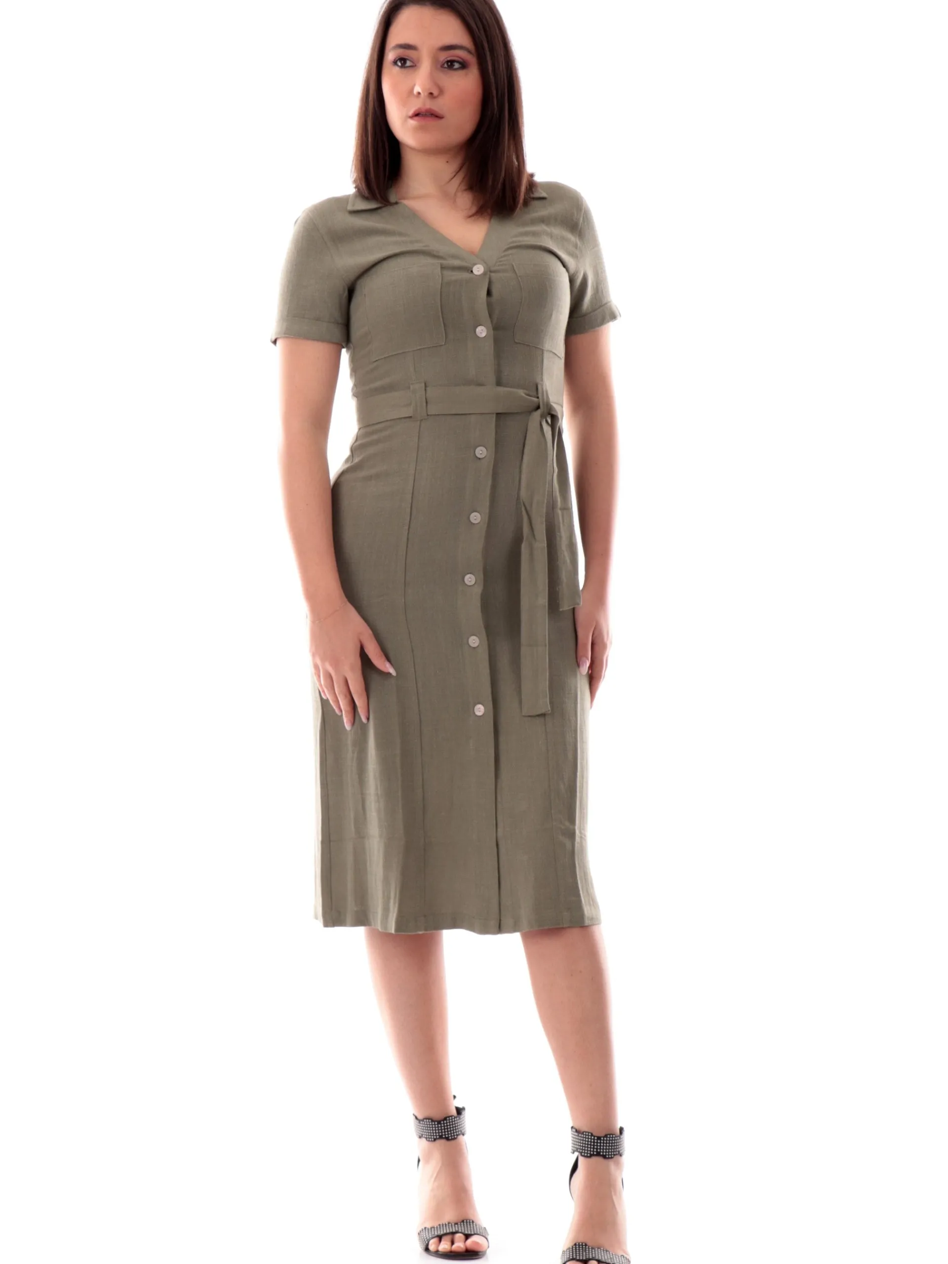 ONLY Vestiti*Vestito lino verde camicia da donna scollo a V 15347210