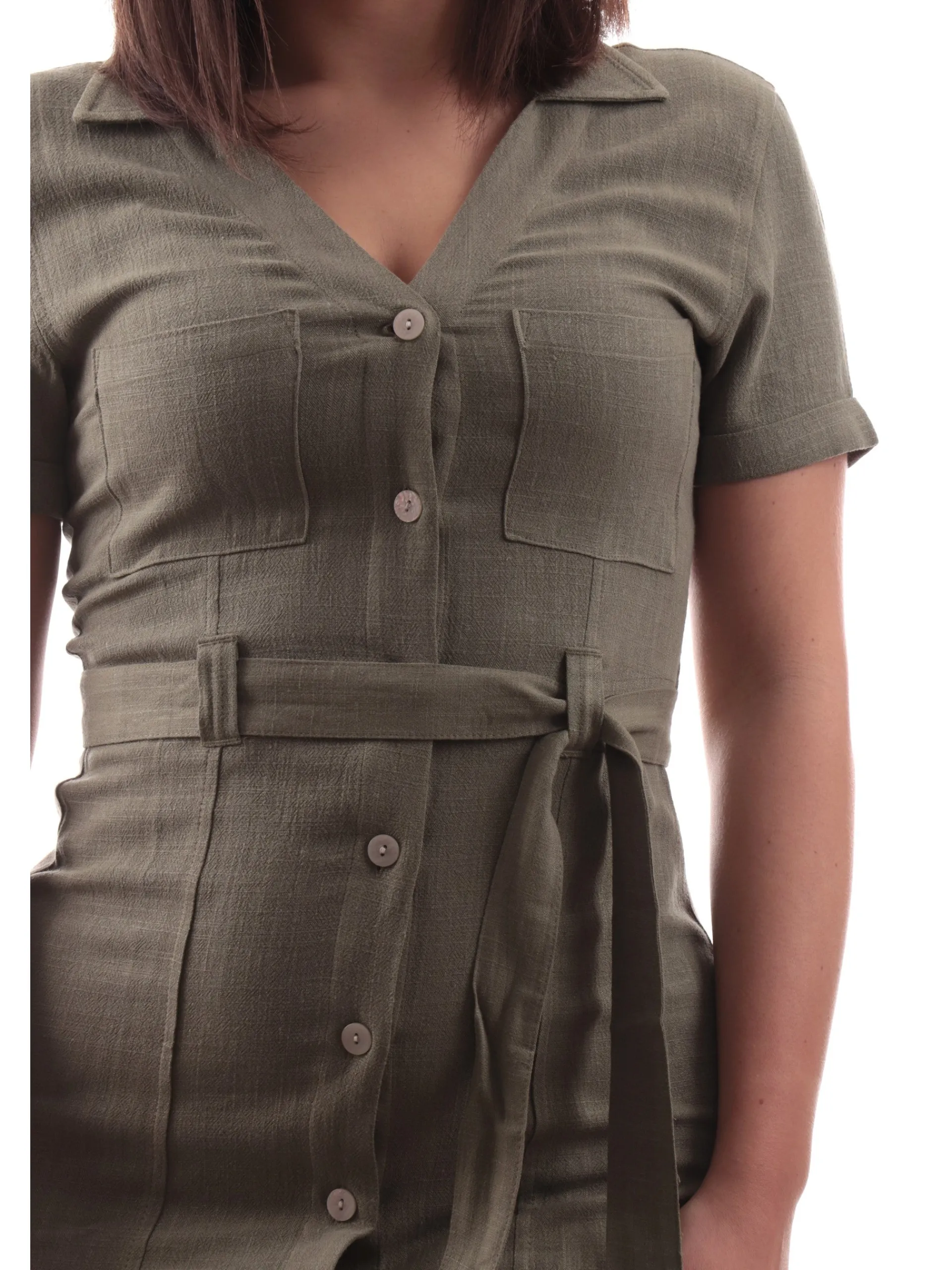 ONLY Vestiti*Vestito lino verde camicia da donna scollo a V 15347210