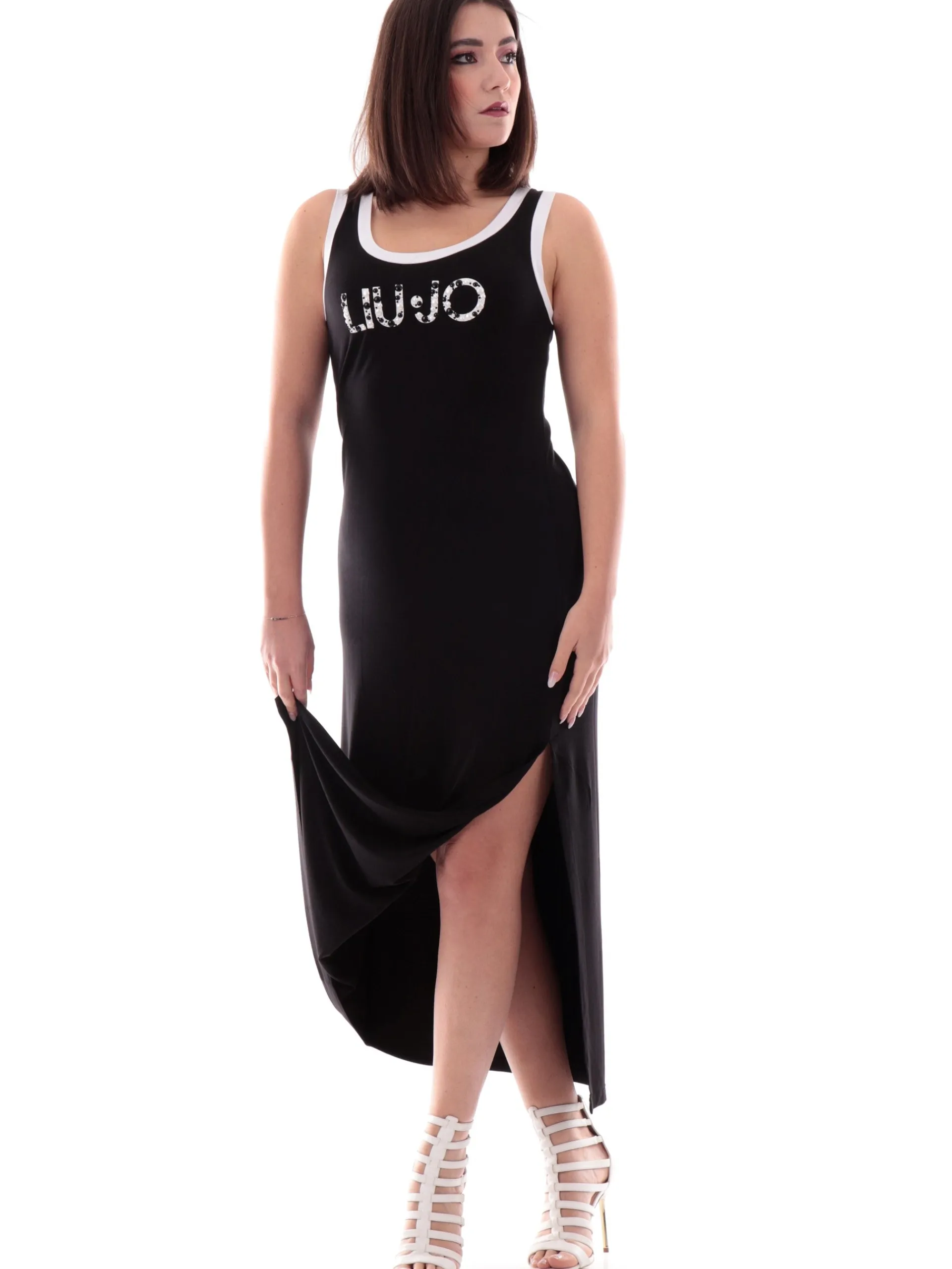 LIU JO MILANO Vestiti*Vestito Lungo Liu Jo nero da donna maxi canotta logo pois strass VA5134JS3600 9096