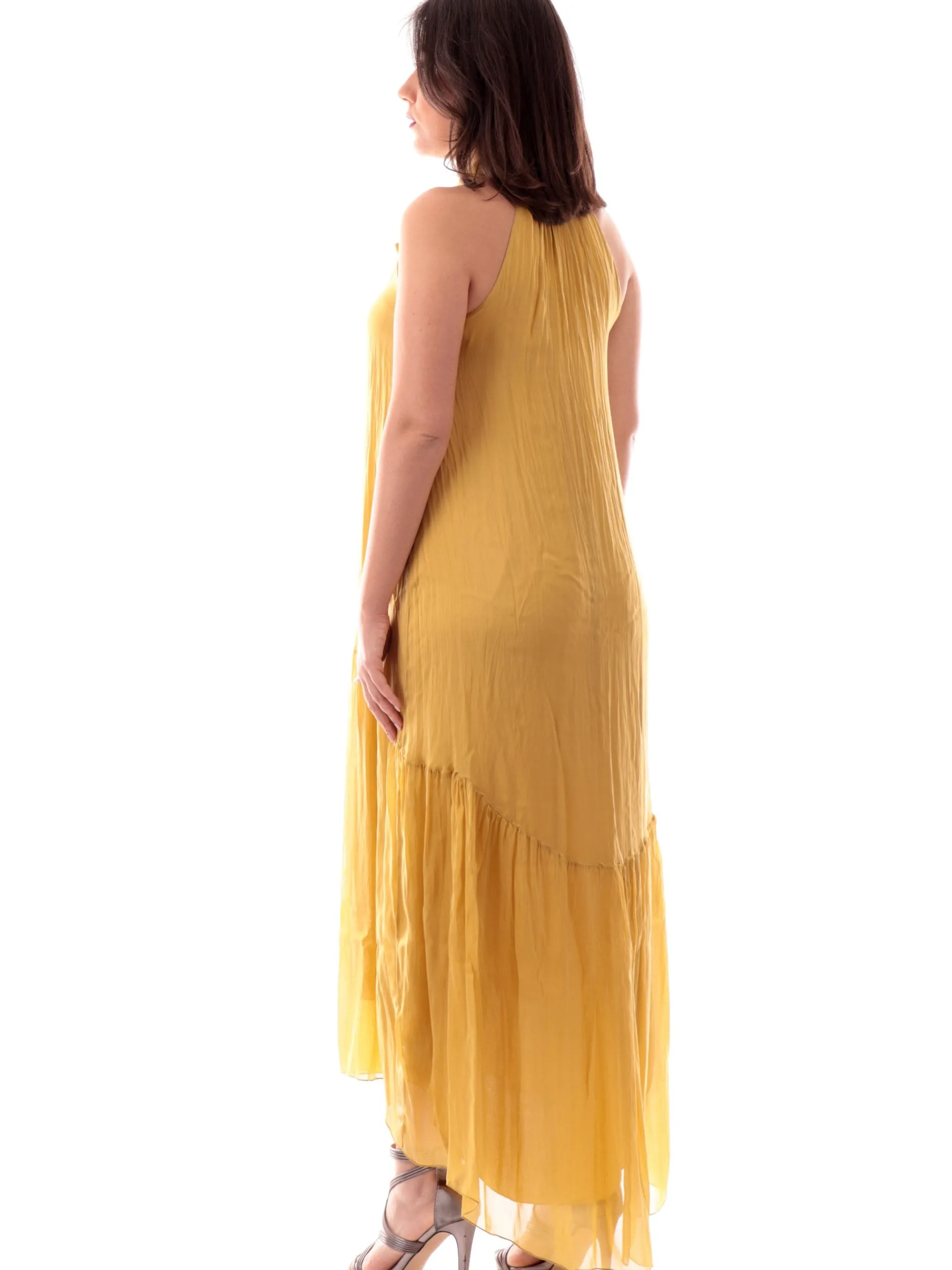 MANILA GRACE Vestiti*Vestito Lungo Giallo svasato scollo americana ampio Mostarda senape A082VUMA640