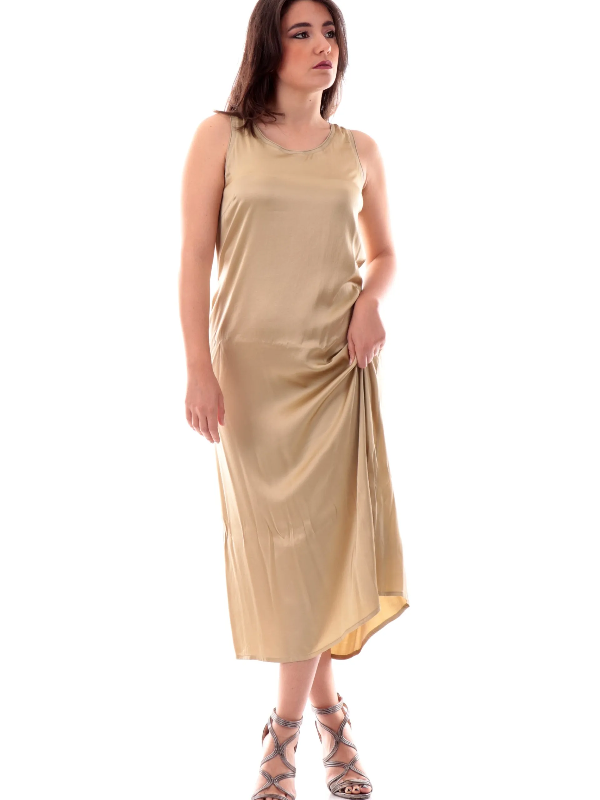 MANILA GRACE Vestiti*Vestito beige oro da donna raso satin