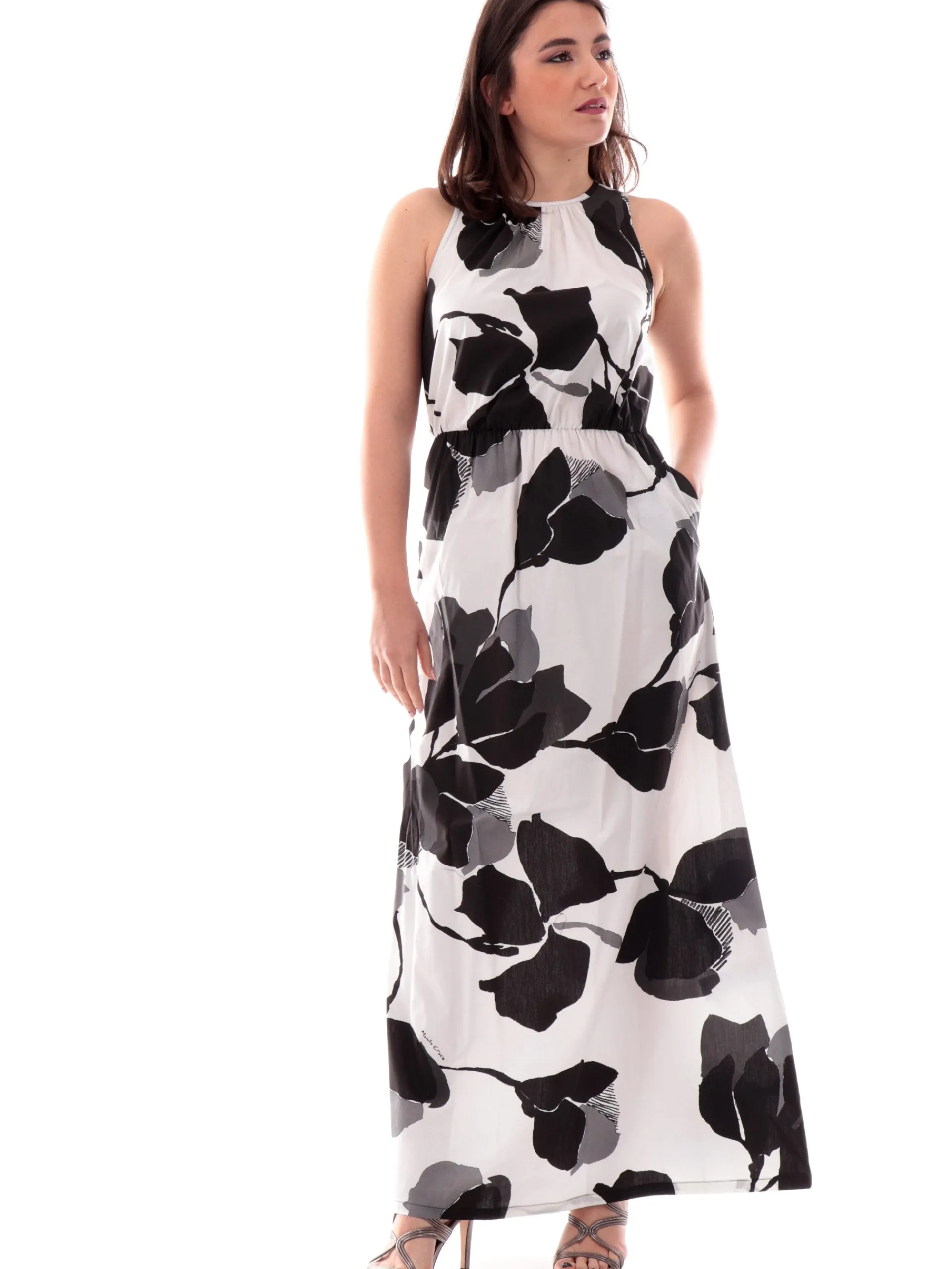 MANILA GRACE Vestiti*Vestito bianco fiori neri da donna smanicato e svasato A129CSMA