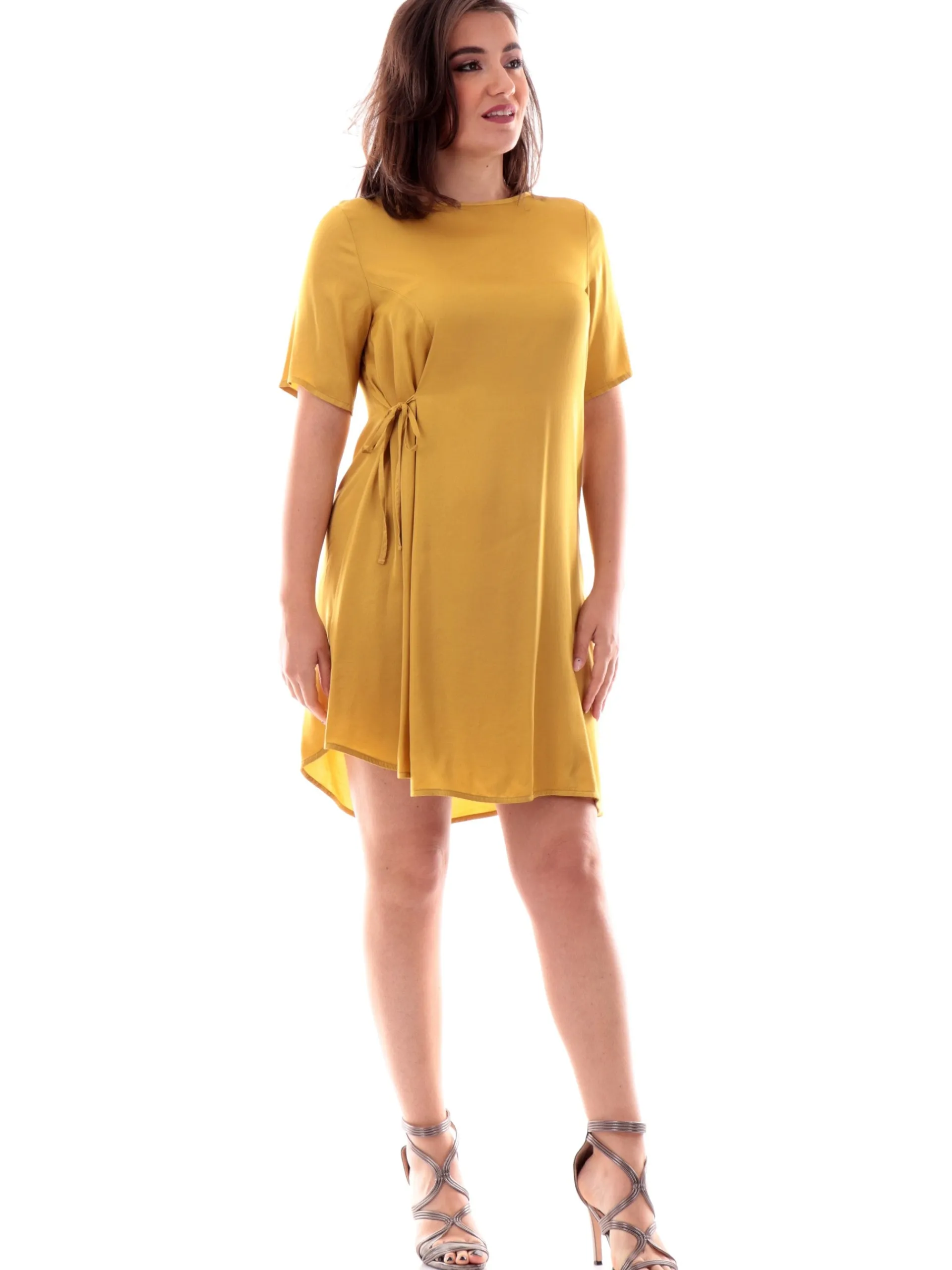 MANILA GRACE Vestiti*Vestito giallo da donna a maniche corte raso satin A025VUMA