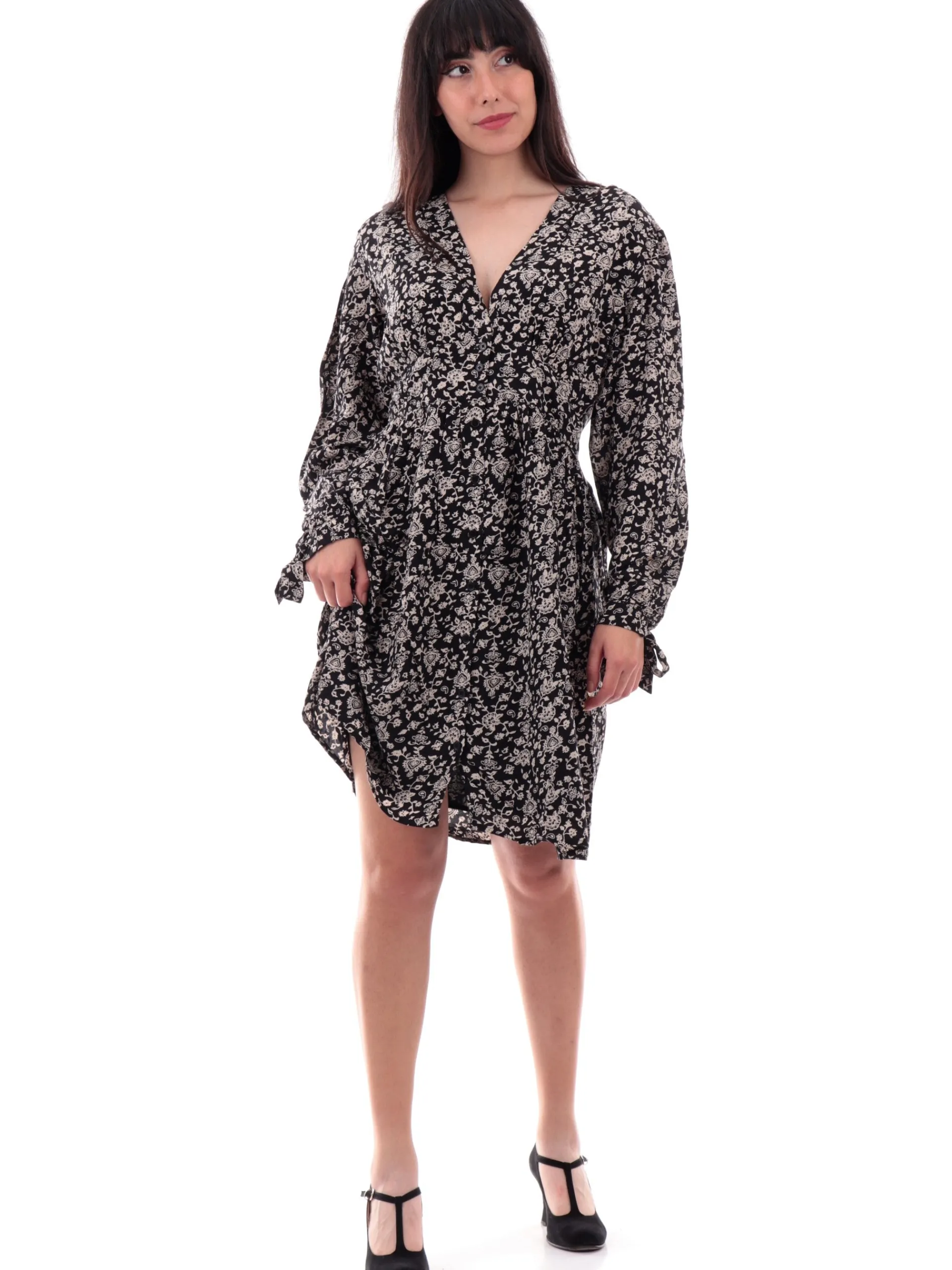 MOLLYBRACKEN Vestiti*Vestito scollo a V Molly Bracken nero da donna camicia bottoni Z522CN